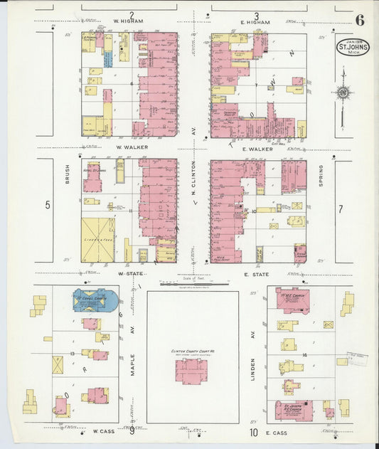 Sanborn Fire Insurance Map from Saint Johns, Clinton County, Michigan (1918), Sheet #0006 - Historic Sanborn Fire Insurance Map Print, vintage old map wall art, antique decor, genealogy gift, Michigan Michigan map