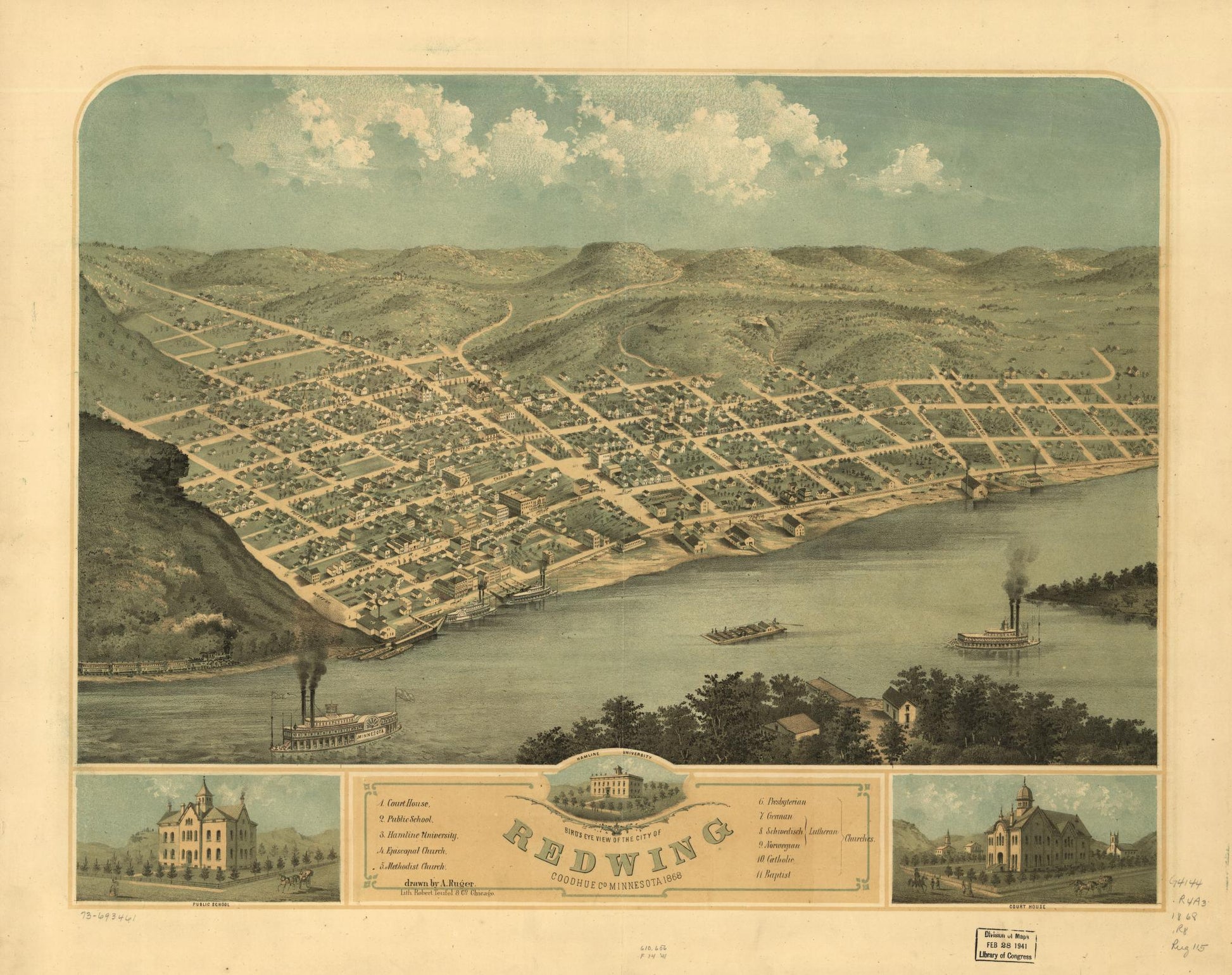 Bird's eye view of the city of Redwing, Coodhue [sic] Co., Minnesota 1868. (1868) – Historic Bird’s-Eye View Panorama Print