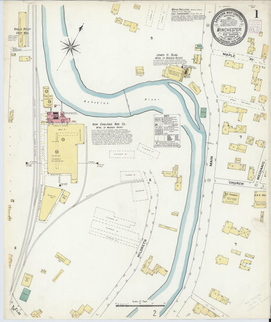 Sanborn Fire Insurance Map from Winchester, Cheshire County, New Hampshire (1907), Sheet #0001 - Historic Sanborn Fire Insurance Map Print, vintage old map wall art, antique decor, genealogy gift, New Hampshire New Hampshire map