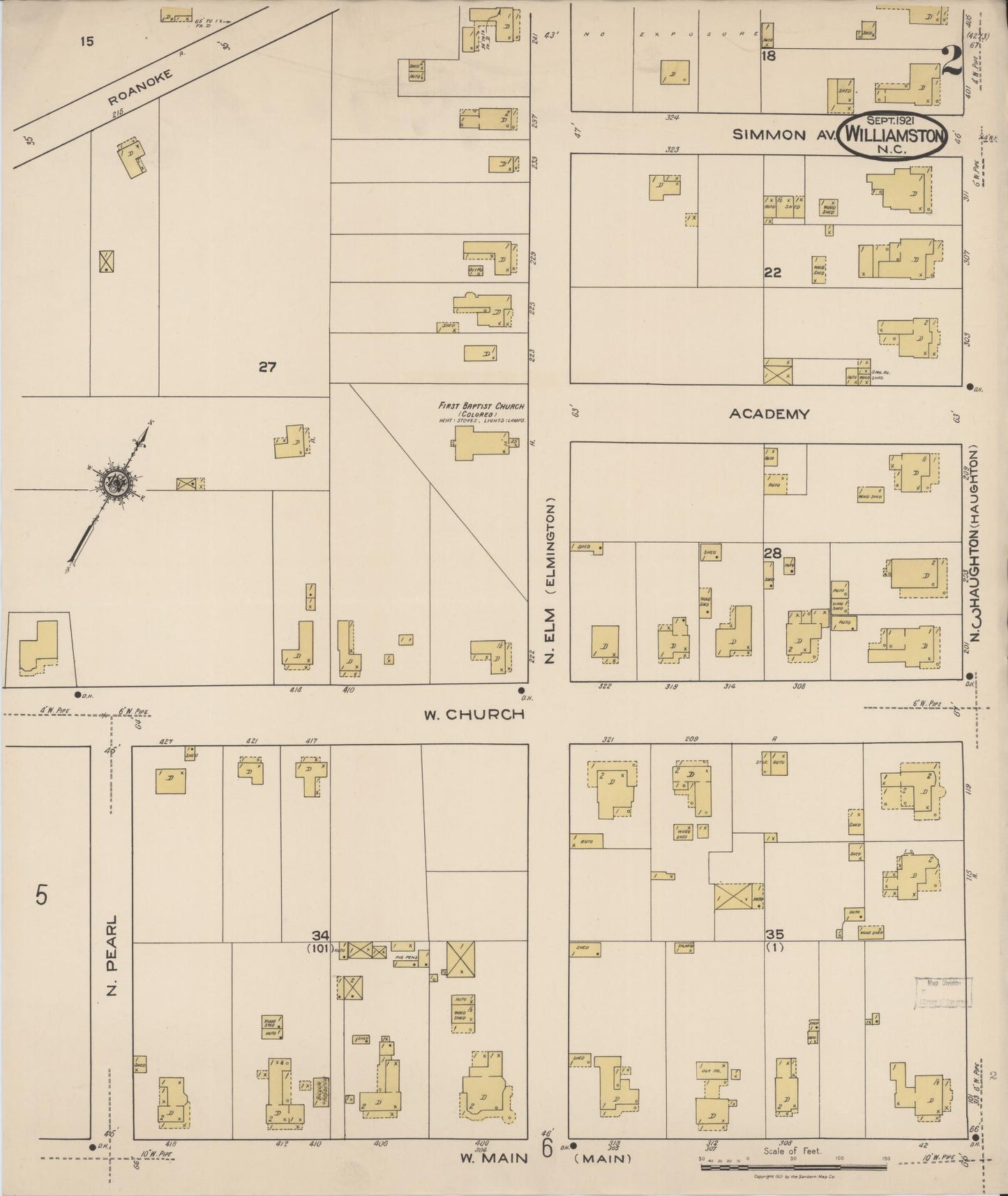 Sanborn Fire Insurance Map from Williamston, Martin County, North Carolina (1921), Sheet #0002 - Complete Map Set gallery image, historic Sanborn map, vintage wall art, North Carolina North Carolina