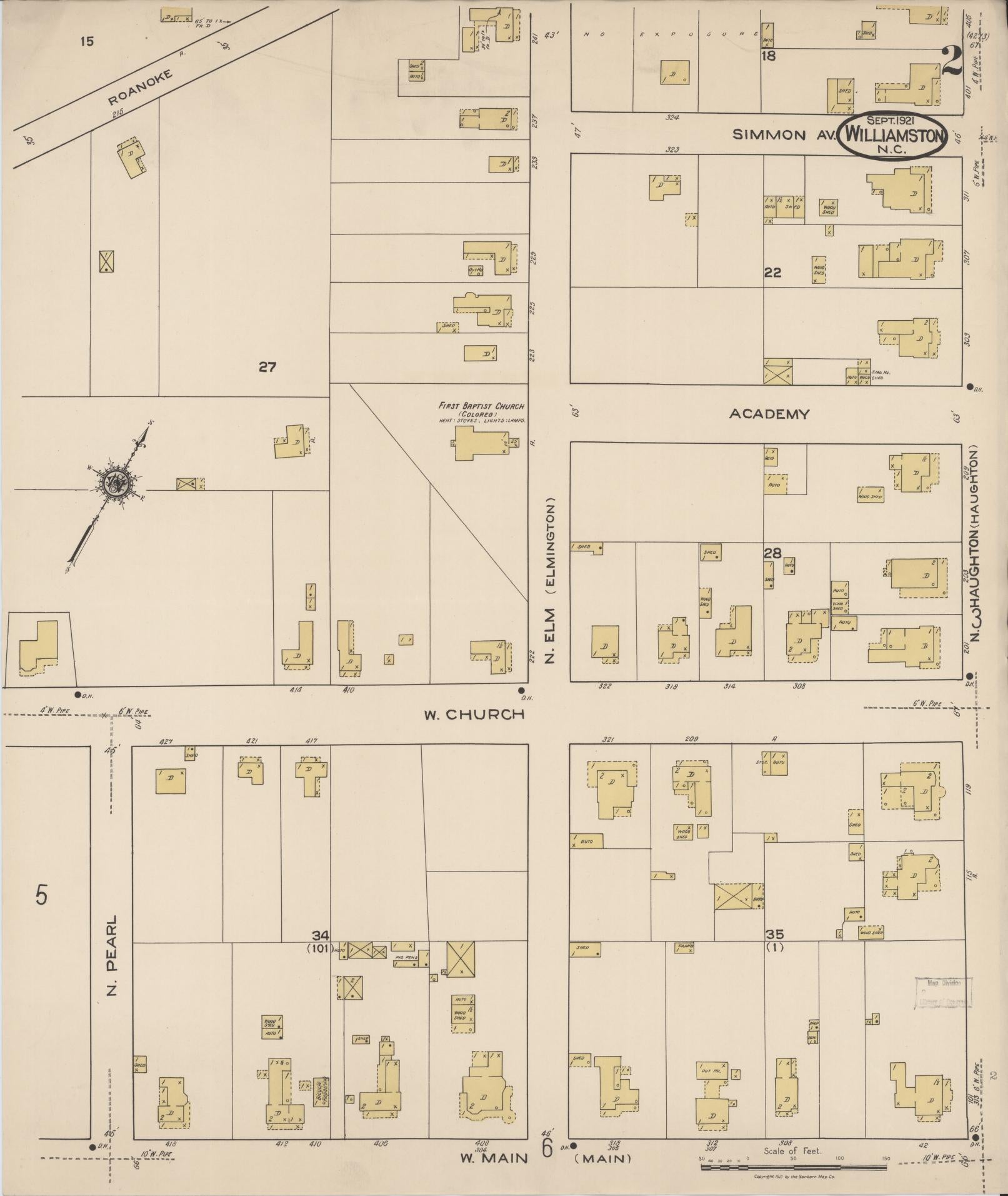 Sanborn Fire Insurance Map from Williamston, Martin County, North Carolina (1921), Sheet #0002 - Complete Map Set gallery image, historic Sanborn map, vintage wall art, North Carolina North Carolina