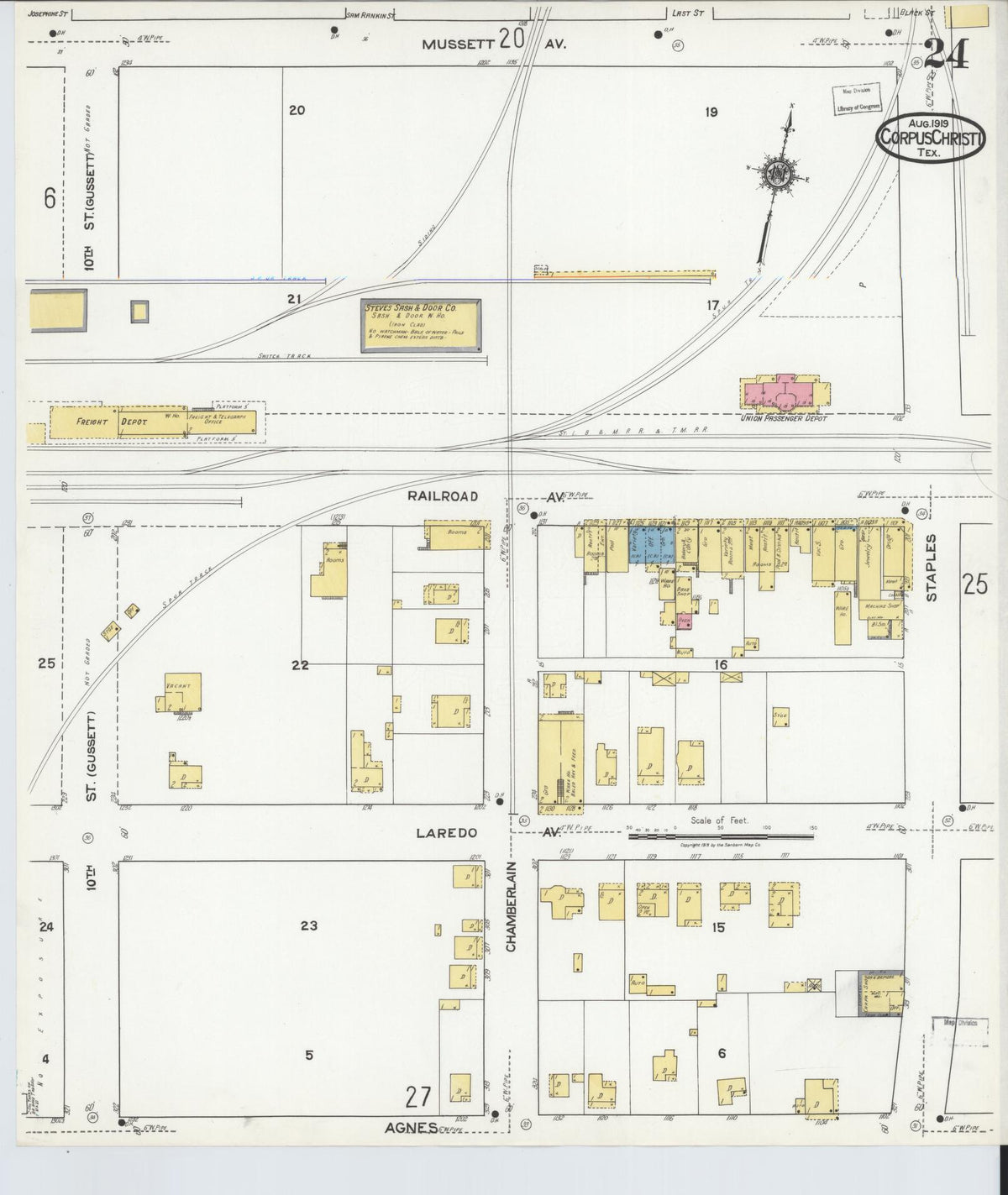 Sanborn Fire Insurance Map from Corpus Christi, Nueces County, Texas (1919), Sheet #0024 - Complete Map Set gallery image, historic Sanborn map, vintage wall art, Texas Texas