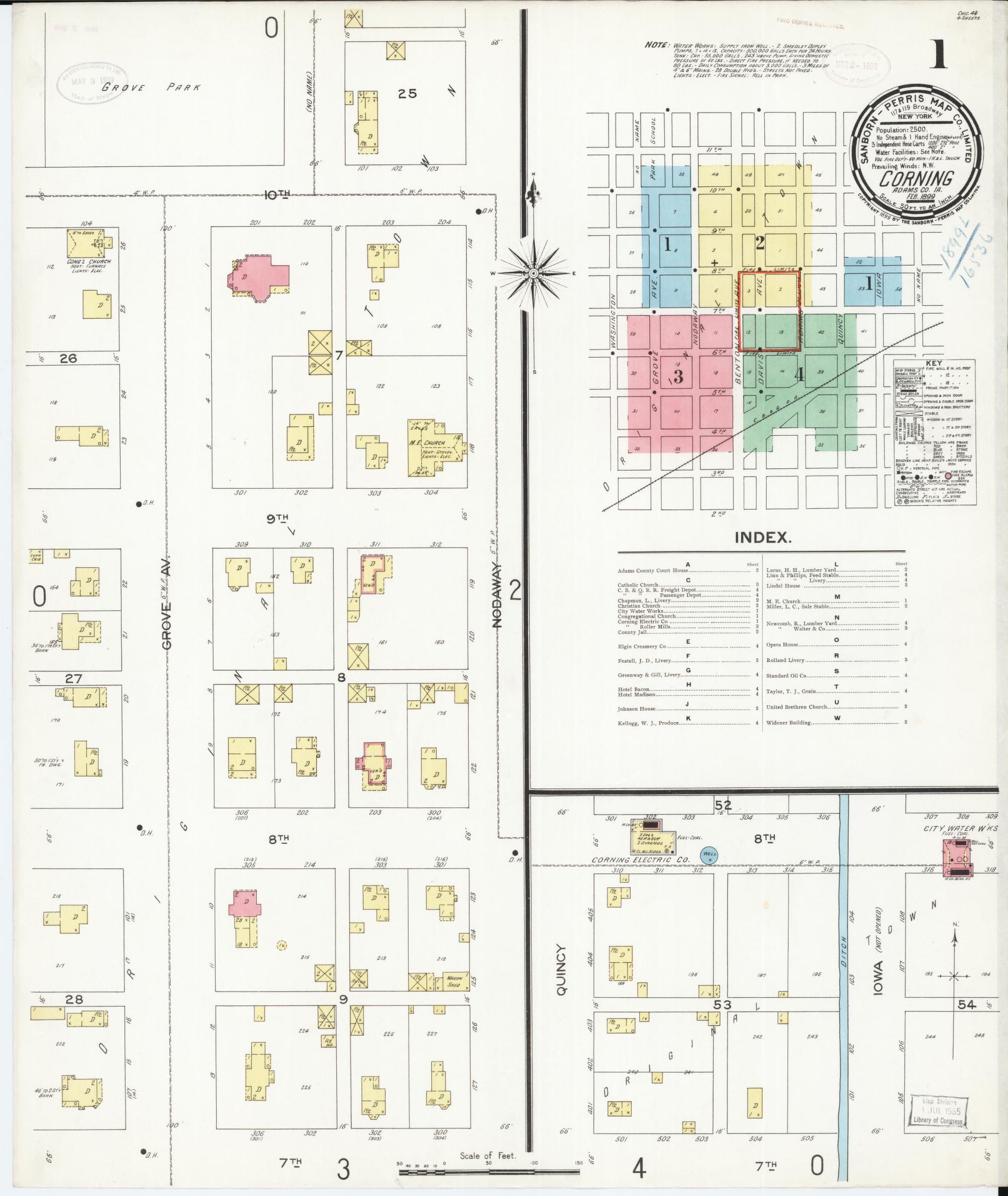 Sanborn Fire Insurance Map from Corning, Adams County, Iowa (1899), Sheet #0001 - Historic Sanborn Fire Insurance Map Print, vintage old map wall art