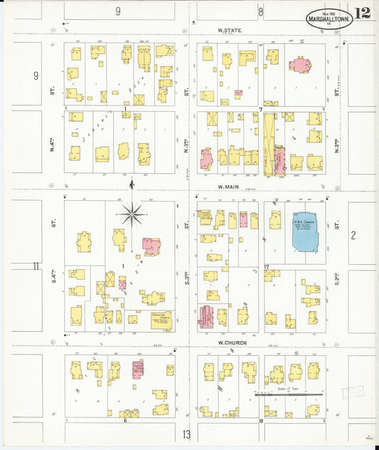 Sanborn Fire Insurance Map from Marshalltown, Marshall County, Iowa (1901), Sheet #0012 - Historic Sanborn Fire Insurance Map Print, vintage old map wall art