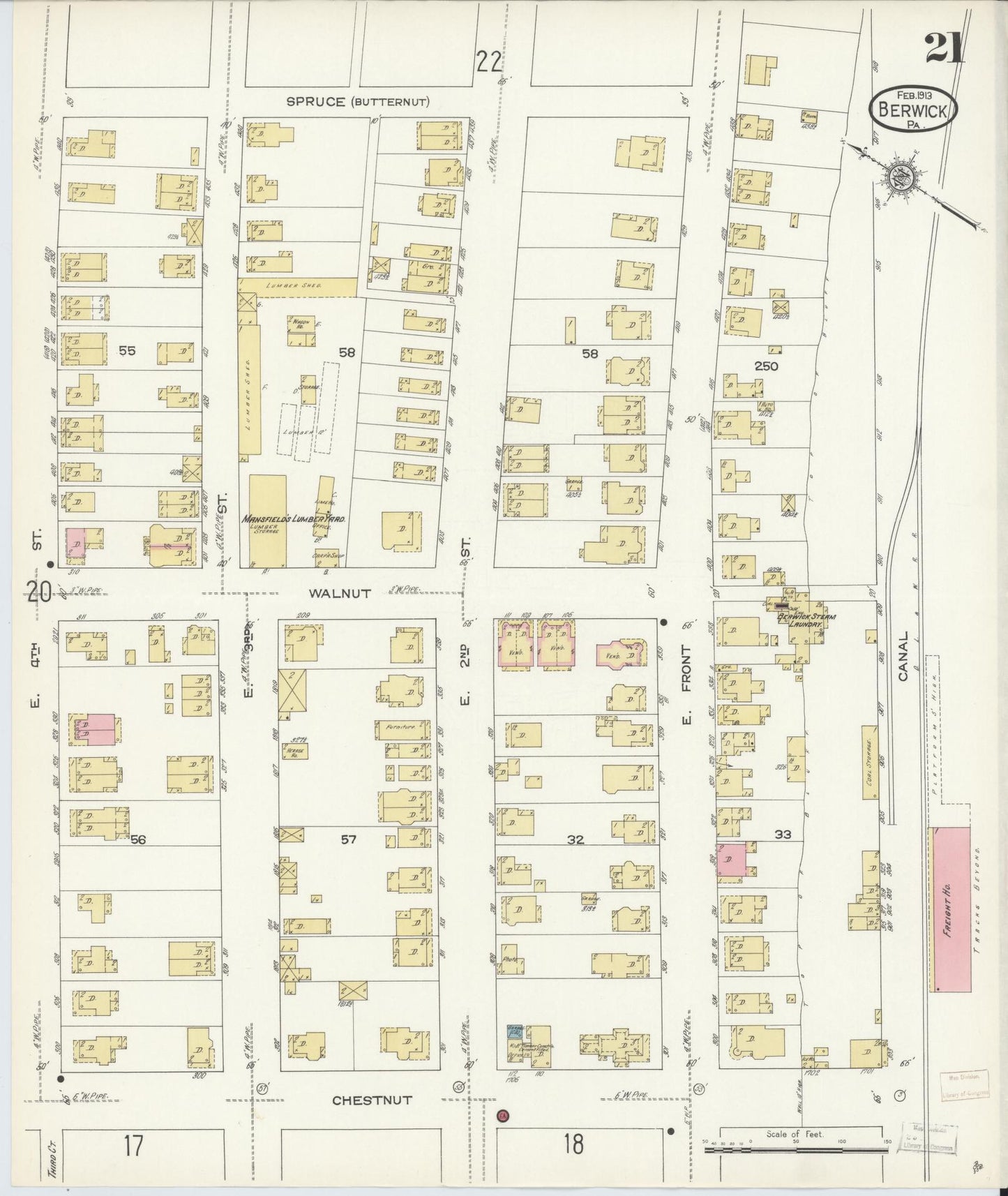 Sanborn Fire Insurance Map from Berwick, Columbia County, Pennsylvania (1913), Sheet #0021 - Historic Sanborn Fire Insurance Map Print, vintage old map wall art, antique decor, genealogy gift, Pennsylvania Pennsylvania map