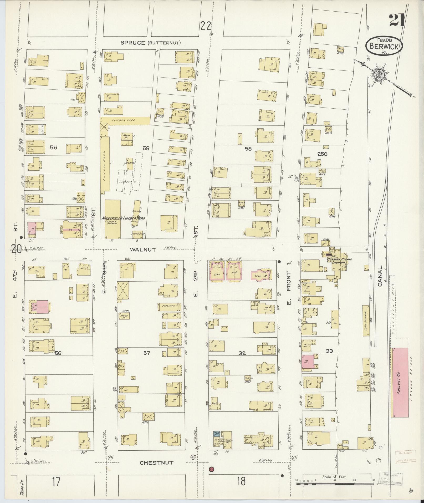 Sanborn Fire Insurance Map from Berwick, Columbia County, Pennsylvania (1913), Sheet #0021 - Historic Sanborn Fire Insurance Map Print, vintage old map wall art, antique decor, genealogy gift, Pennsylvania Pennsylvania map