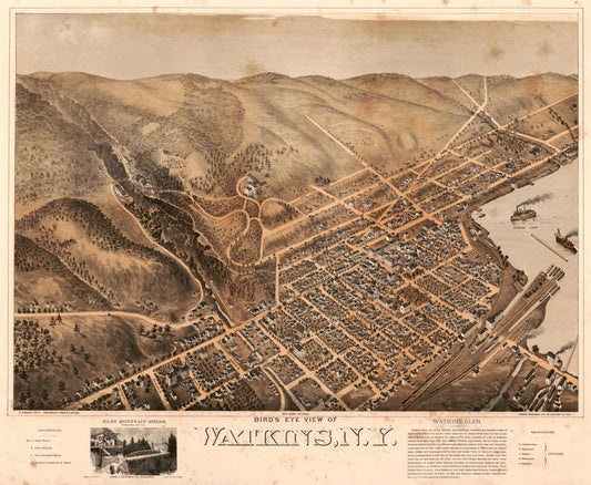 Bird's eye view of Watkins, N.Y. (1873) – Historic Bird’s-Eye View Panorama Print