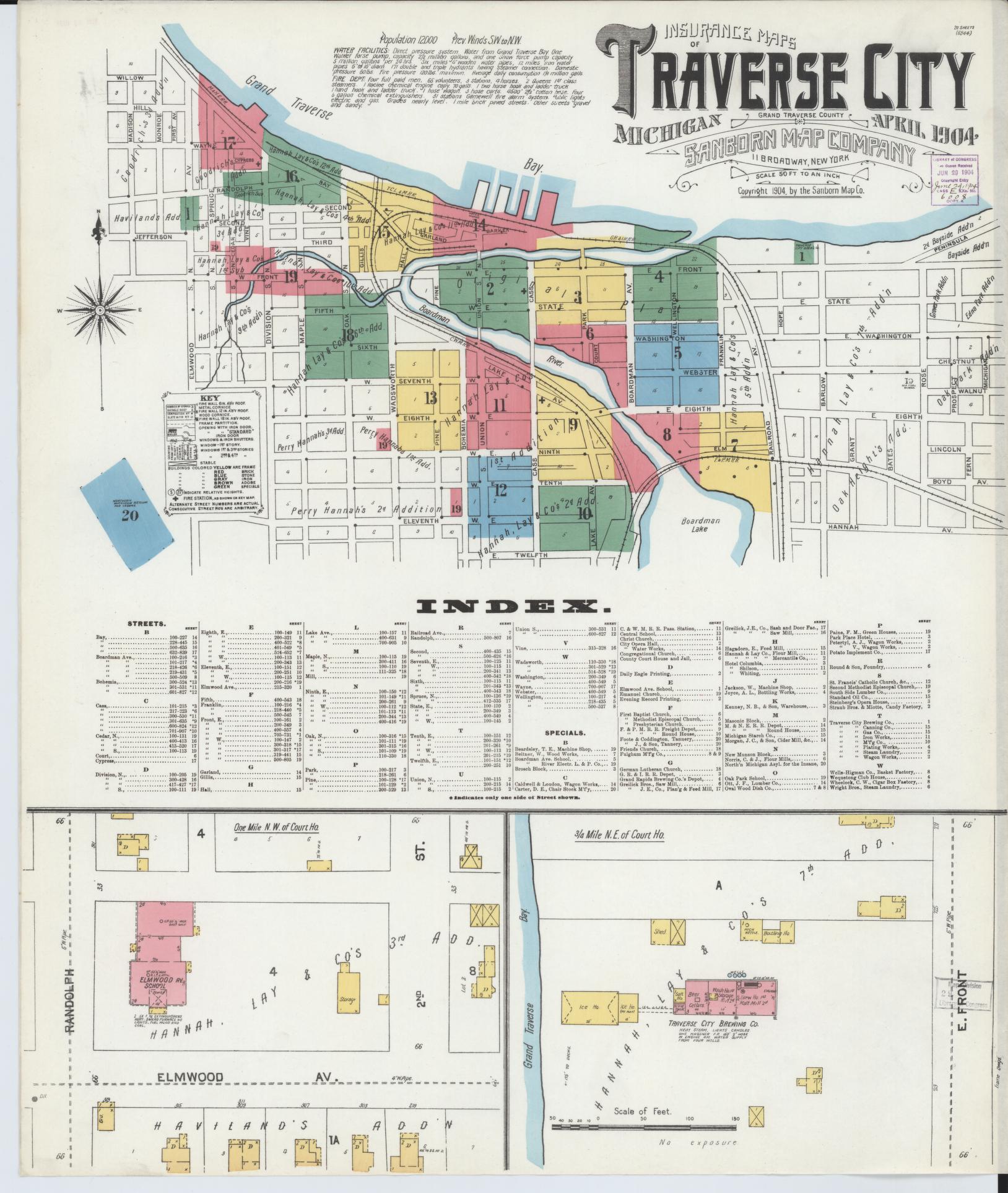 Sanborn Fire Insurance Map from Traverse City, Grand Traverse County, Michigan (1904), Sheet #0001 - Historic Sanborn Fire Insurance Map Print, vintage old map wall art, antique decor, genealogy gift, Michigan Michigan map