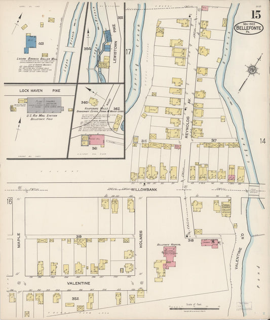 Sanborn Fire Insurance Map from Bellefonte, Centre County, Pennsylvania (1922), Sheet #0015 - Historic Sanborn Fire Insurance Map Print, vintage old map wall art, antique decor, genealogy gift, Pennsylvania Pennsylvania map