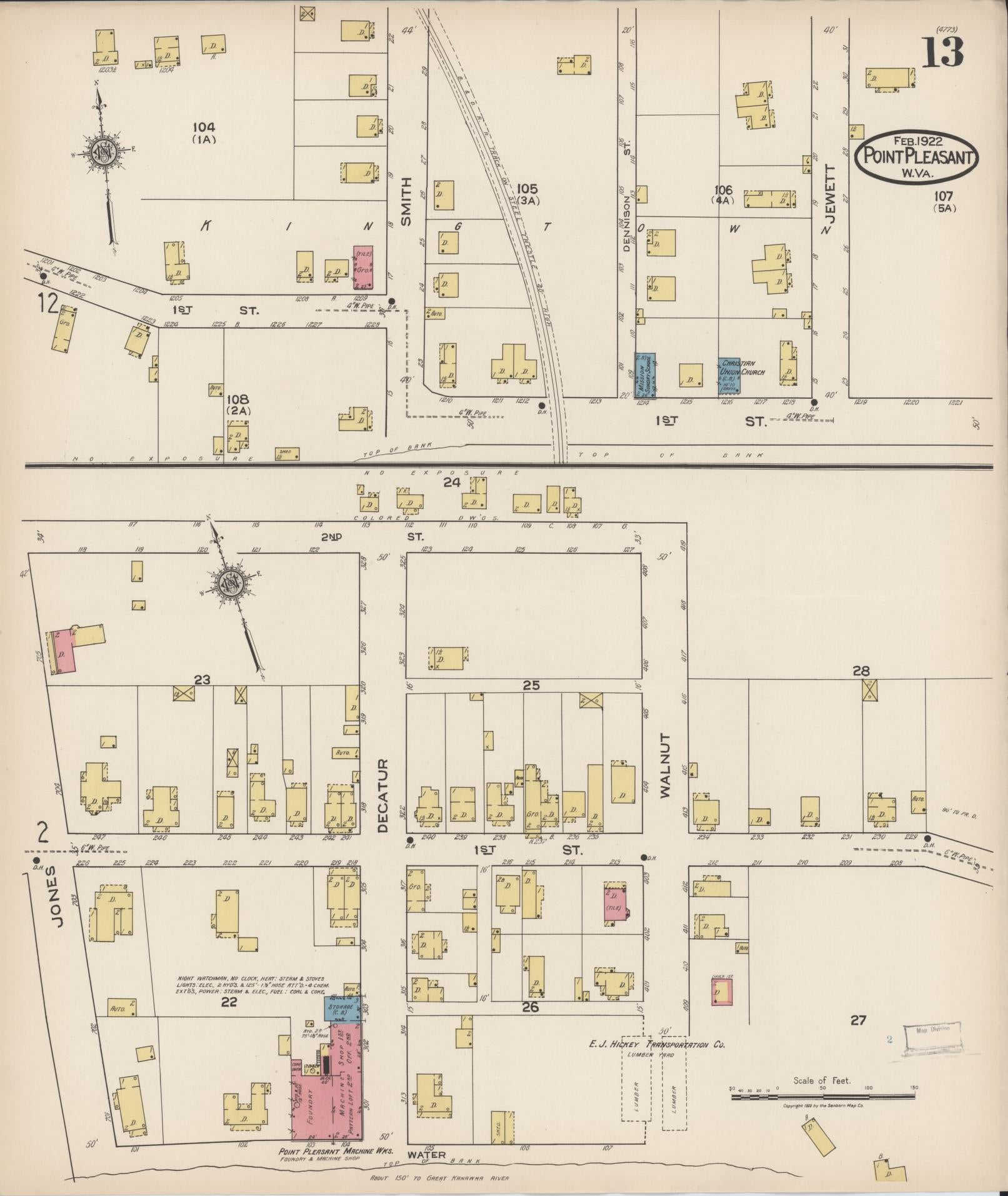 Sanborn Fire Insurance Map from Point Pleasant, Mason County, West Virginia (1922), Sheet #0013 - Historic Sanborn Fire Insurance Map Print, vintage old map wall art, antique decor, genealogy gift, West Virginia West Virginia map