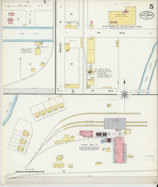 Sanborn Fire Insurance Map from Pulaski, Pulaski County, Virginia (1903), Sheet #0005 - Historic Sanborn Fire Insurance Map Print, vintage old map wall art, antique decor, genealogy gift, Virginia Virginia map