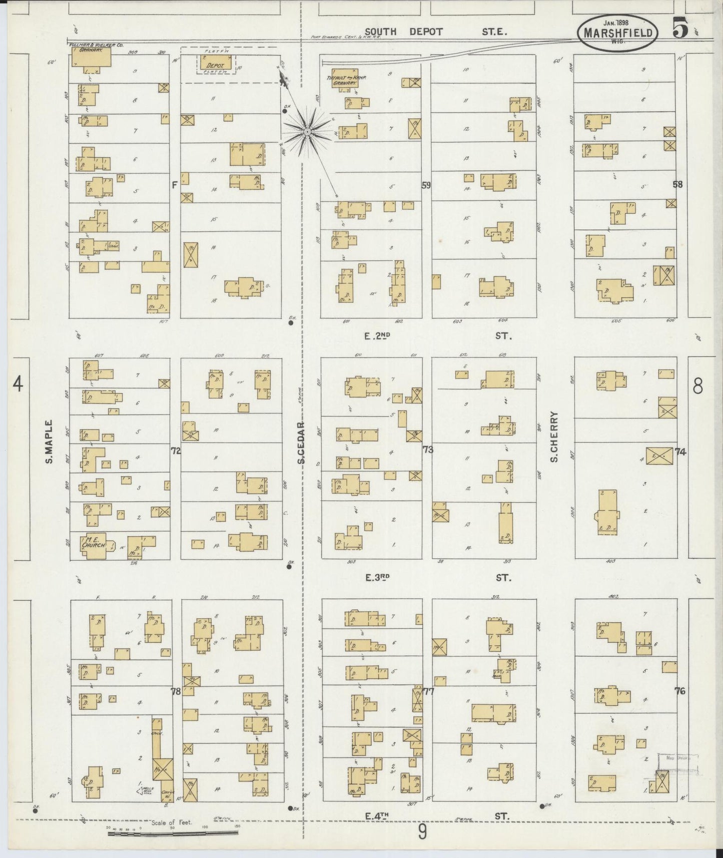 Sanborn Fire Insurance Map from Marshfield, Wood County, Wisconsin (1898), Sheet #0005 - Historic Sanborn Fire Insurance Map Print, vintage old map wall art, antique decor, genealogy gift, Wisconsin Wisconsin map