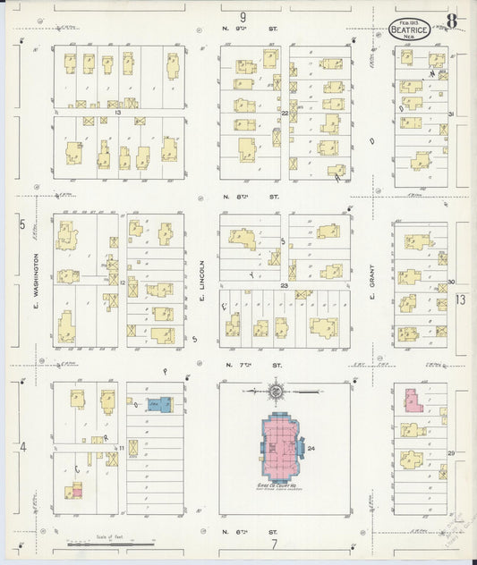 Sanborn Fire Insurance Map from Beatrice, Gage County, Nebraska (1913), Sheet #0008 - Historic Sanborn Fire Insurance Map Print, vintage old map wall art, antique decor, genealogy gift, Nebraska Nebraska map