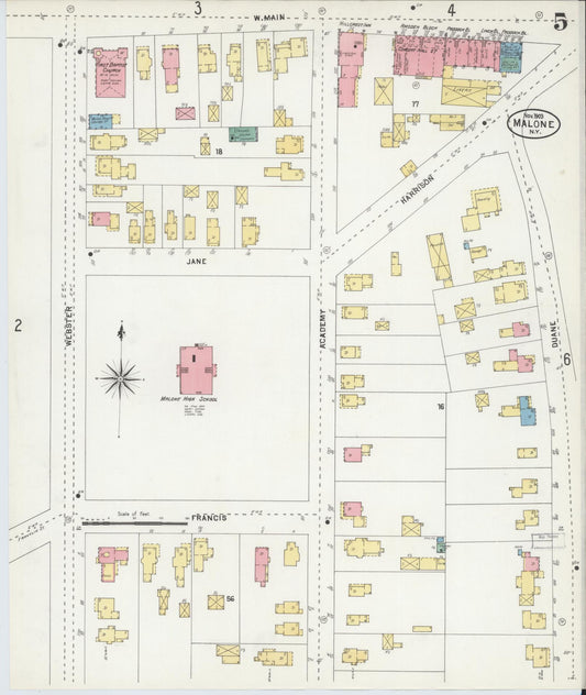 Sanborn Fire Insurance Map from Malone, Franklin County, New York (1903), Sheet #0005 - Historic Sanborn Fire Insurance Map Print, vintage old map wall art, antique decor, genealogy gift, New York New York map