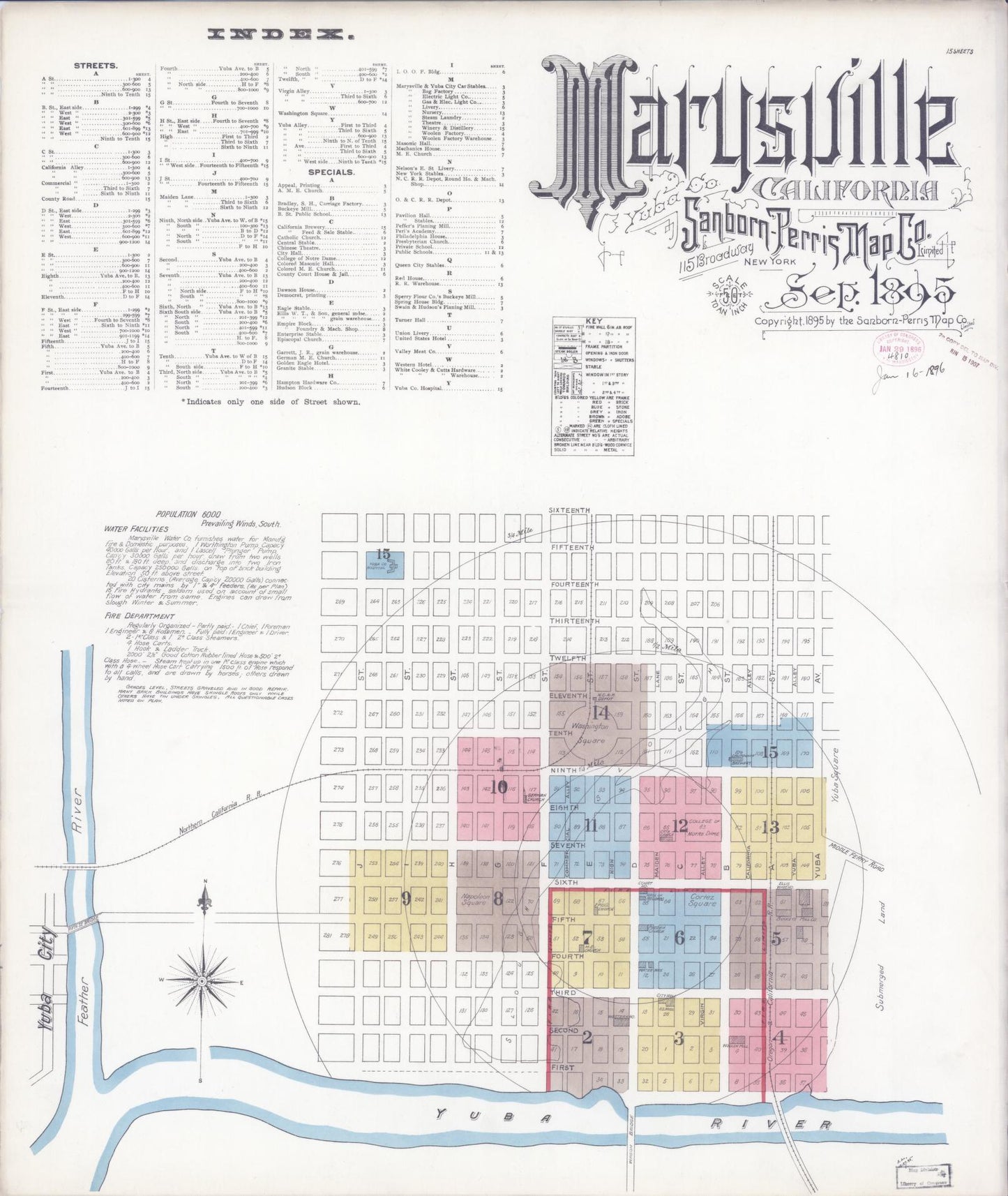 Sanborn Fire Insurance Map from Marysville, Yuba County, California (1895), Sheet #0001 - Historic Sanborn Fire Insurance Map Print, vintage old map wall art, antique decor, genealogy gift, California California map