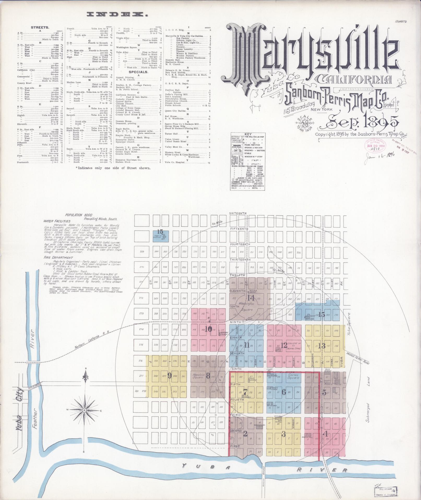 Sanborn Fire Insurance Map from Marysville, Yuba County, California (1895), Sheet #0001 - Historic Sanborn Fire Insurance Map Print, vintage old map wall art, antique decor, genealogy gift, California California map