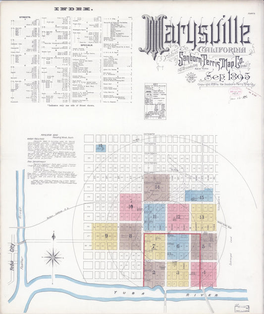 Sanborn Fire Insurance Map from Marysville, Yuba County, California (1895), Sheet #0001 - Historic Sanborn Fire Insurance Map Print, vintage old map wall art, antique decor, genealogy gift, California California map