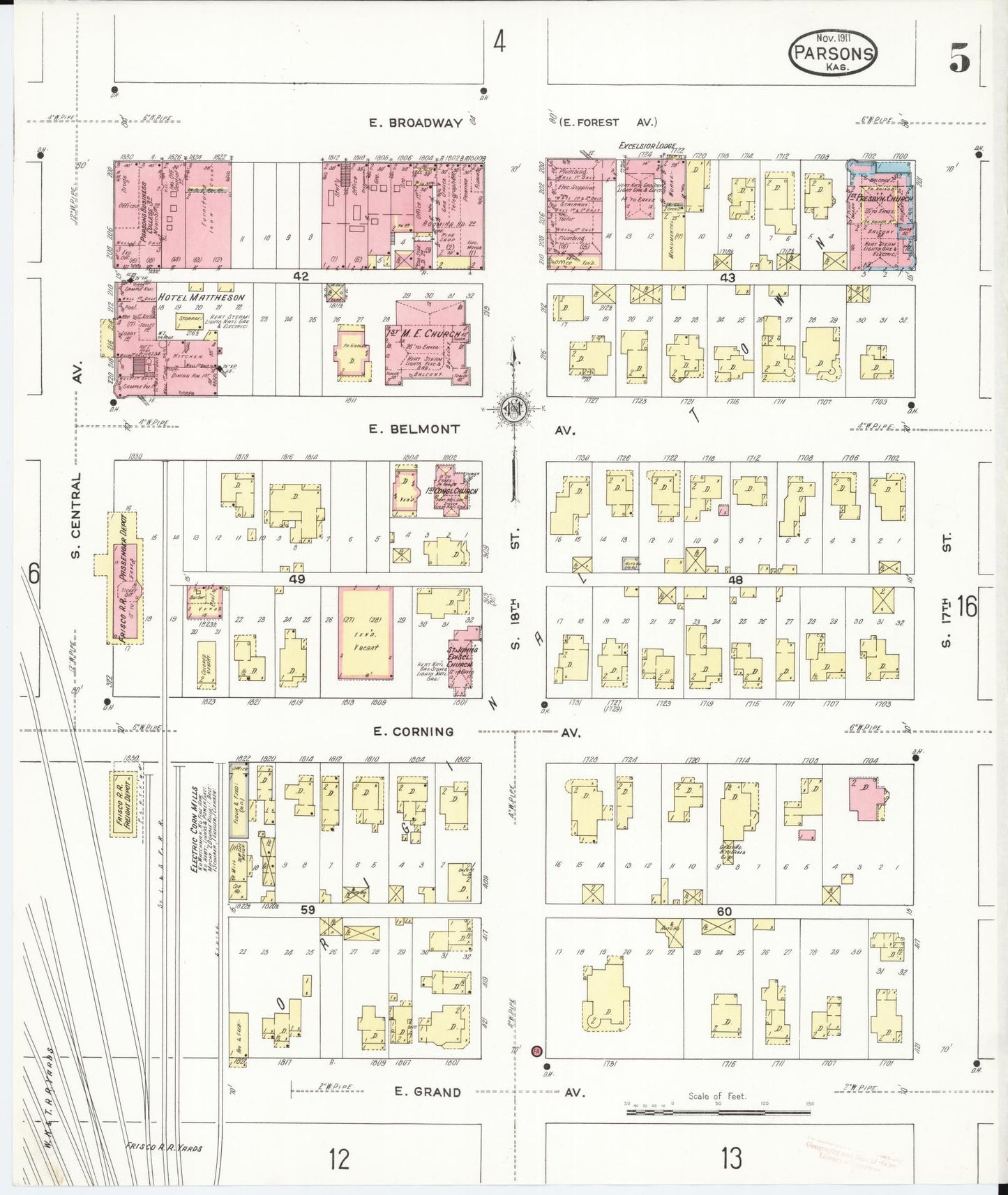 Sanborn Fire Insurance Map from Parsons, Labette County, Kansas (1911), Sheet #0005 - Historic Sanborn Fire Insurance Map Print, vintage old map wall art, antique decor, genealogy gift, Kansas Kansas map