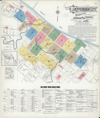 Sanborn Fire Insurance Map from Jefferson City, Cole County, Missouri (1916), Sheet #0001 - Historic Sanborn Fire Insurance Map Print, vintage old map wall art, antique decor, genealogy gift, Missouri Missouri map