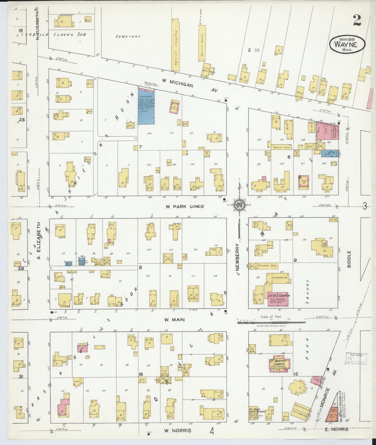 Sanborn Fire Insurance Map from Wayne, Wayne County, Michigan (1919), Sheet #0002 - Historic Sanborn Fire Insurance Map Print, vintage old map wall art, antique decor, genealogy gift, Michigan Michigan map