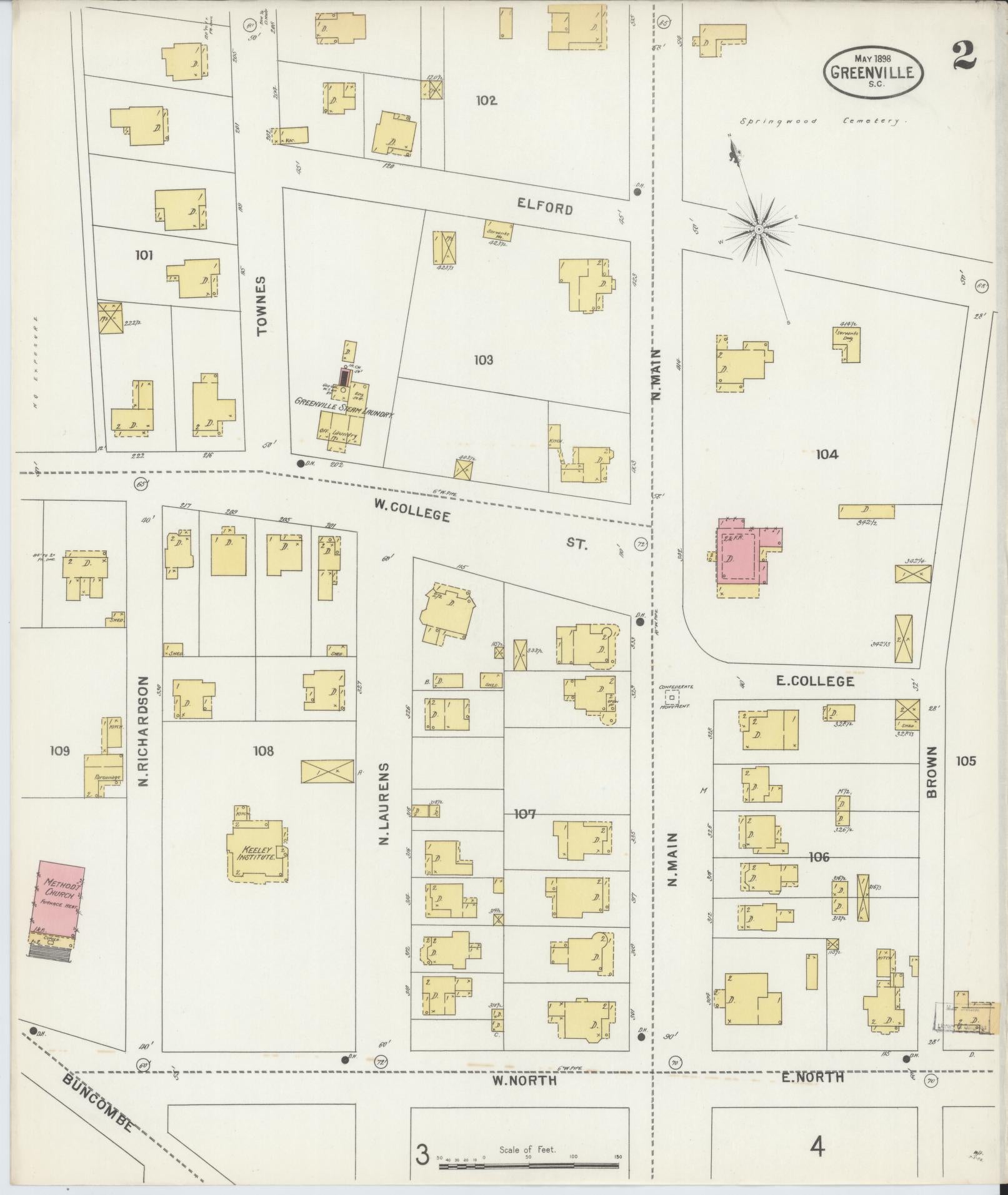 Sanborn Fire Insurance Map from Greenville, Greenville County, South Carolina (1898), Sheet #0002 - Historic Sanborn Fire Insurance Map Print, vintage old map wall art, antique decor, genealogy gift, South Carolina South Carolina map