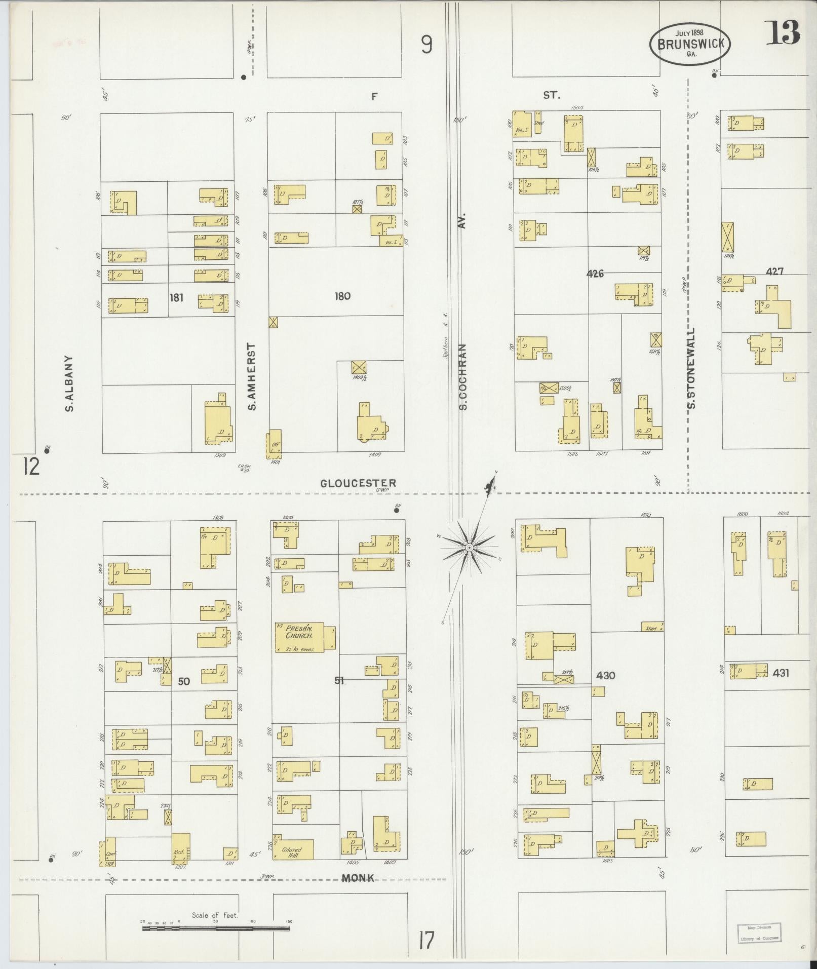 Sanborn Fire Insurance Map from Brunswick, Glynn County, Georgia (1898), Sheet #0013 - Complete Map Set gallery image, historic Sanborn map, vintage wall art, Georgia Georgia