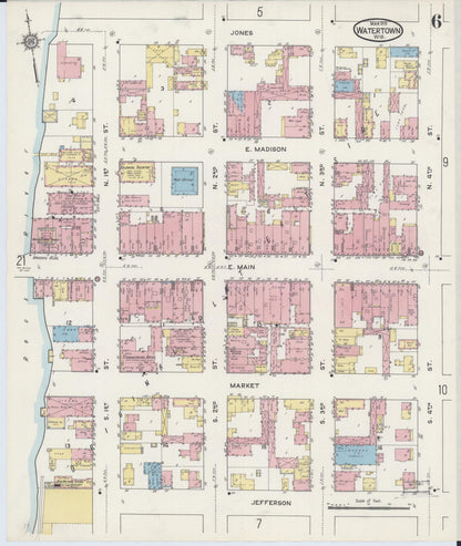 Sanborn Fire Insurance Map from Watertown, Jefferson County, Wisconsin (1915), Sheet #0007 - Historic Sanborn Fire Insurance Map Print, vintage old map wall art, antique decor, genealogy gift, Wisconsin Wisconsin map
