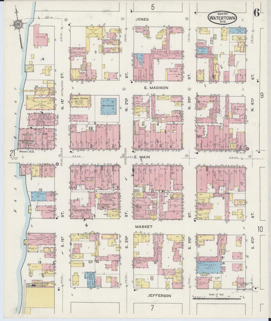 Sanborn Fire Insurance Map from Watertown, Jefferson County, Wisconsin (1915), Sheet #0007 - Historic Sanborn Fire Insurance Map Print, vintage old map wall art, antique decor, genealogy gift, Wisconsin Wisconsin map