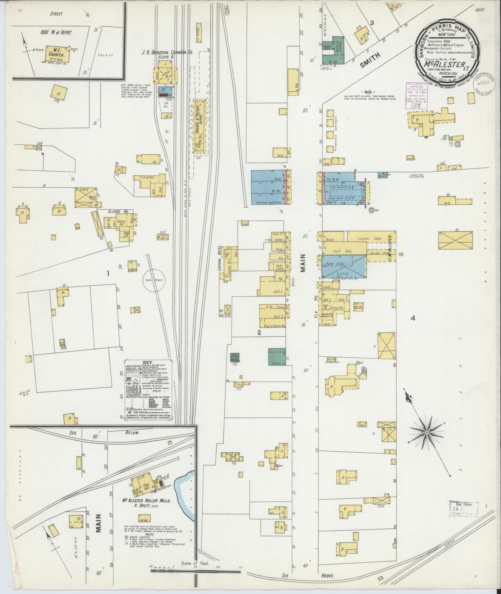 Sanborn Fire Insurance Map from McAlester, Pittsburg County, Oklahoma (1901), Sheet #0001 - Historic Sanborn Fire Insurance Map Print, vintage old map wall art, antique decor, genealogy gift, Oklahoma Oklahoma map