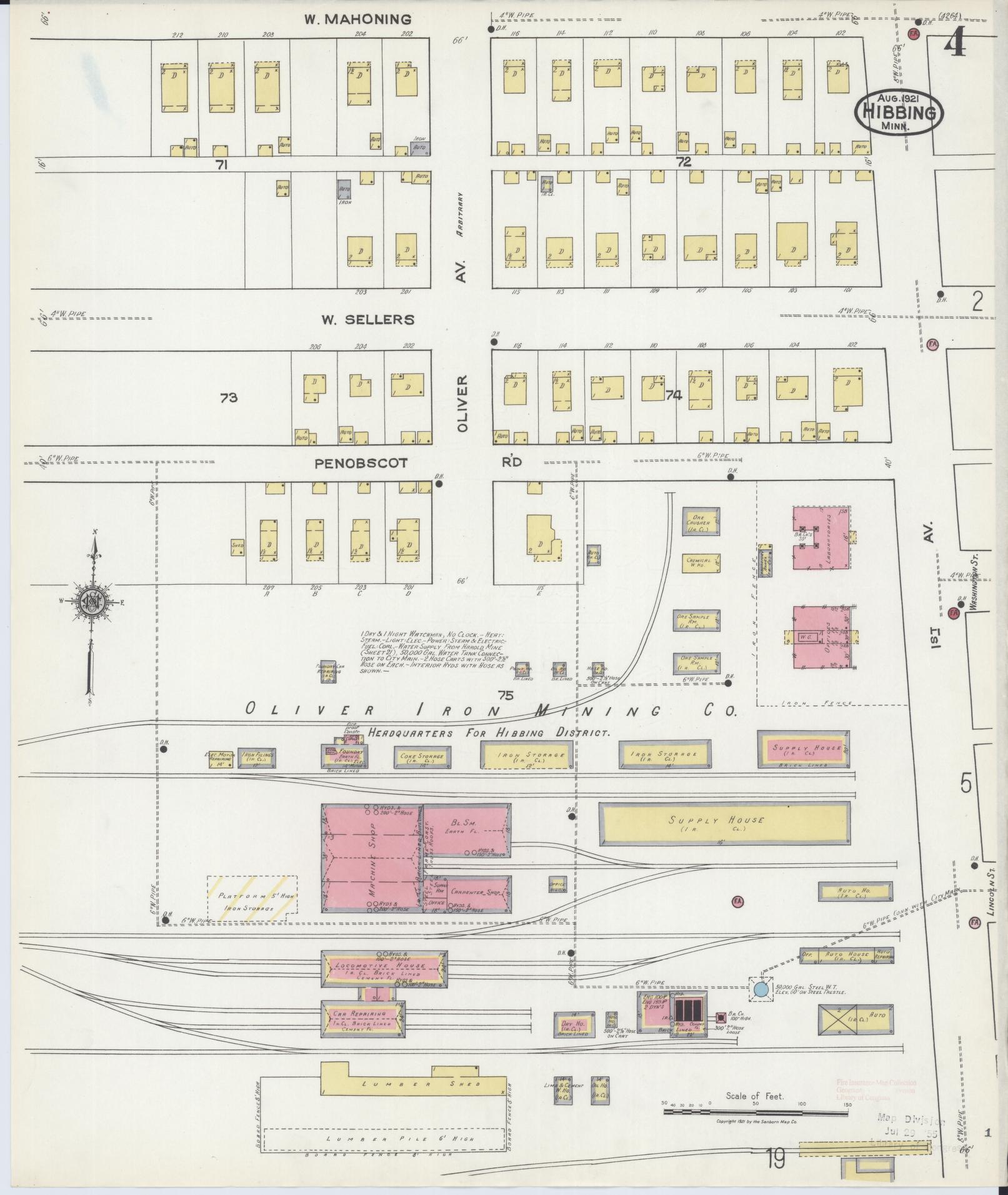 Sanborn Fire Insurance Map from Hibbing, Saint Louis County, Minnesota (1921), Sheet #0004 - Historic Sanborn Fire Insurance Map Print, vintage old map wall art, antique decor, genealogy gift, Minnesota Minnesota map