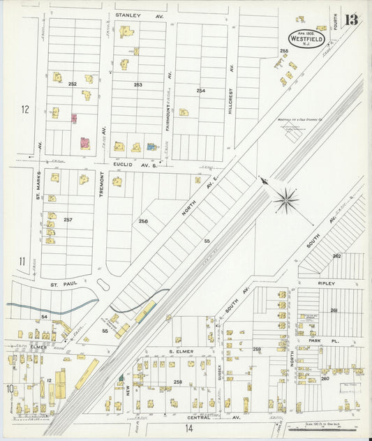 Sanborn Fire Insurance Map from Westfield, Union County, New Jersey (1909), Sheet #0013 - Historic Sanborn Fire Insurance Map Print, vintage old map wall art, antique decor, genealogy gift, New Jersey New Jersey map