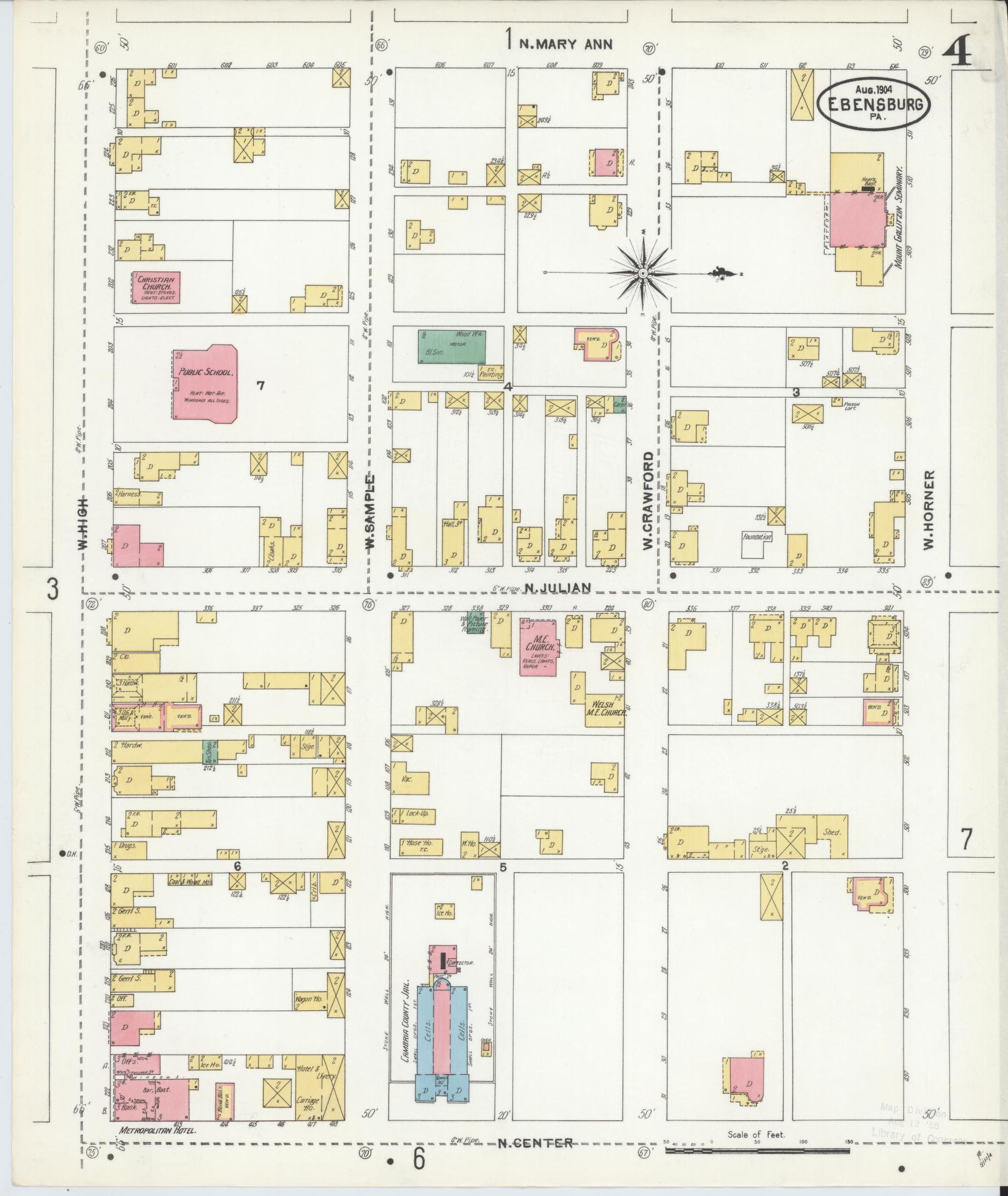 Sanborn Fire Insurance Map from Ebensburg, Cambria County, Pennsylvania (1904), Sheet #0004 - Historic Sanborn Fire Insurance Map Print, vintage old map wall art, antique decor, genealogy gift, Pennsylvania Pennsylvania map