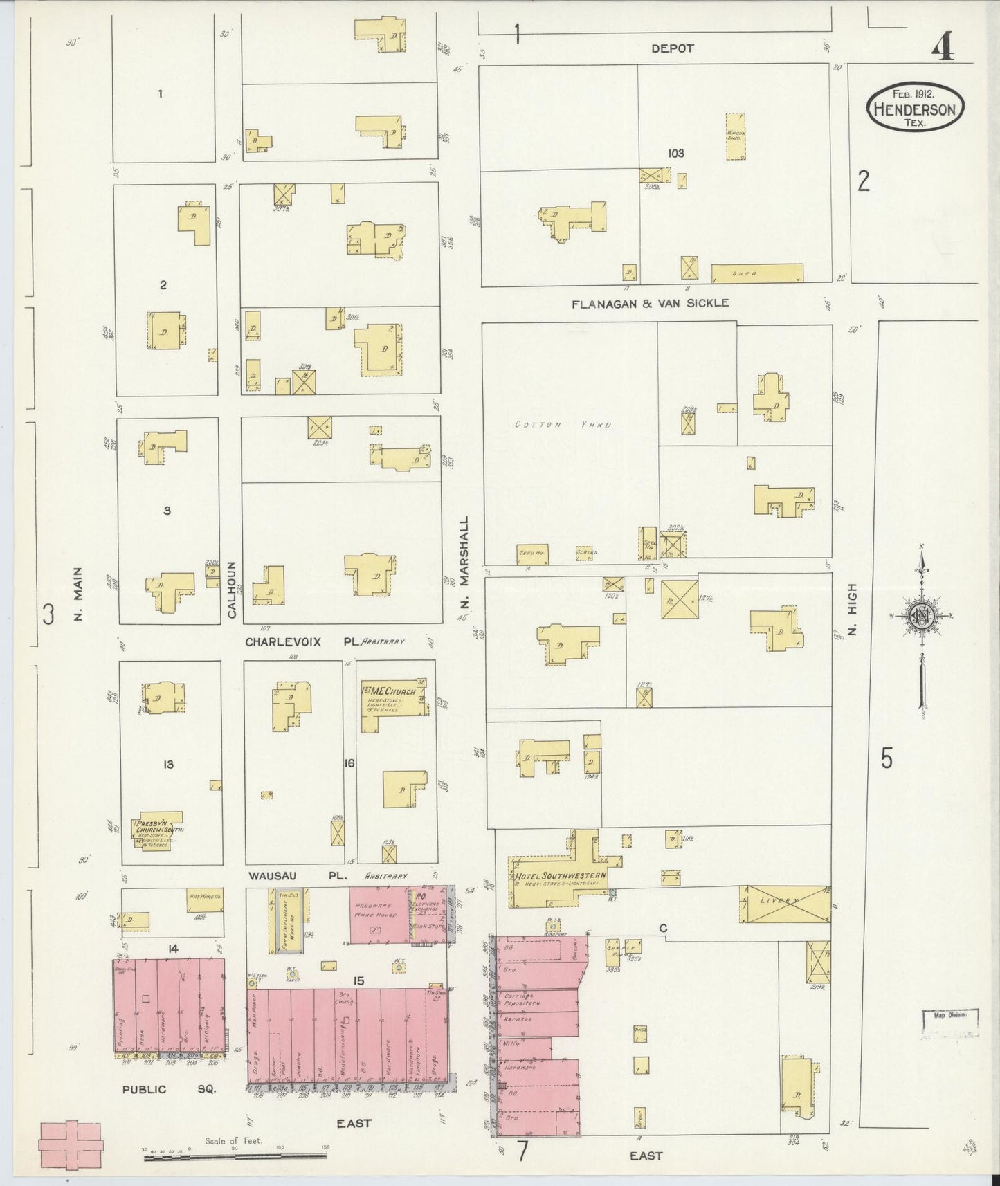 Sanborn Fire Insurance Map from Henderson, Rusk County, Texas (1912), Sheet #0004 - Complete Map Set gallery image, historic Sanborn map, vintage wall art, Texas Texas