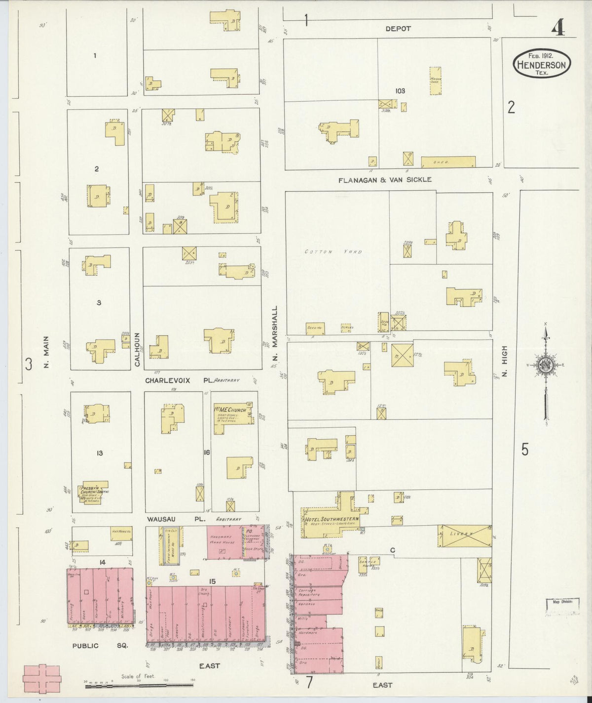 Sanborn Fire Insurance Map from Henderson, Rusk County, Texas (1912), Sheet #0004 - Complete Map Set gallery image, historic Sanborn map, vintage wall art, Texas Texas