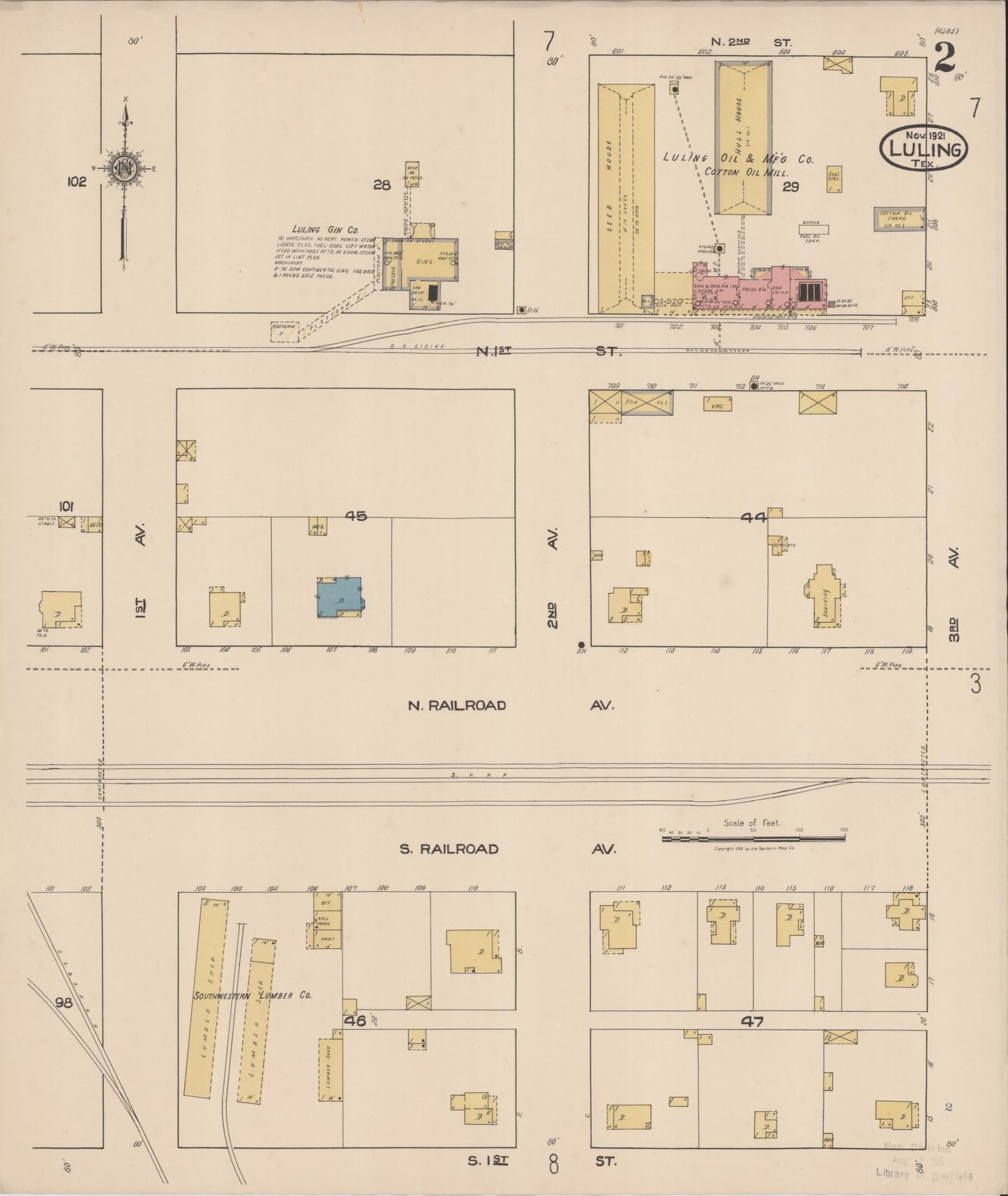 Sanborn Fire Insurance Map from Luling, Caldwell County, Texas (1921), Sheet #0002 - Historic Sanborn Fire Insurance Map Print, vintage old map wall art, antique decor, genealogy gift, Texas Texas map