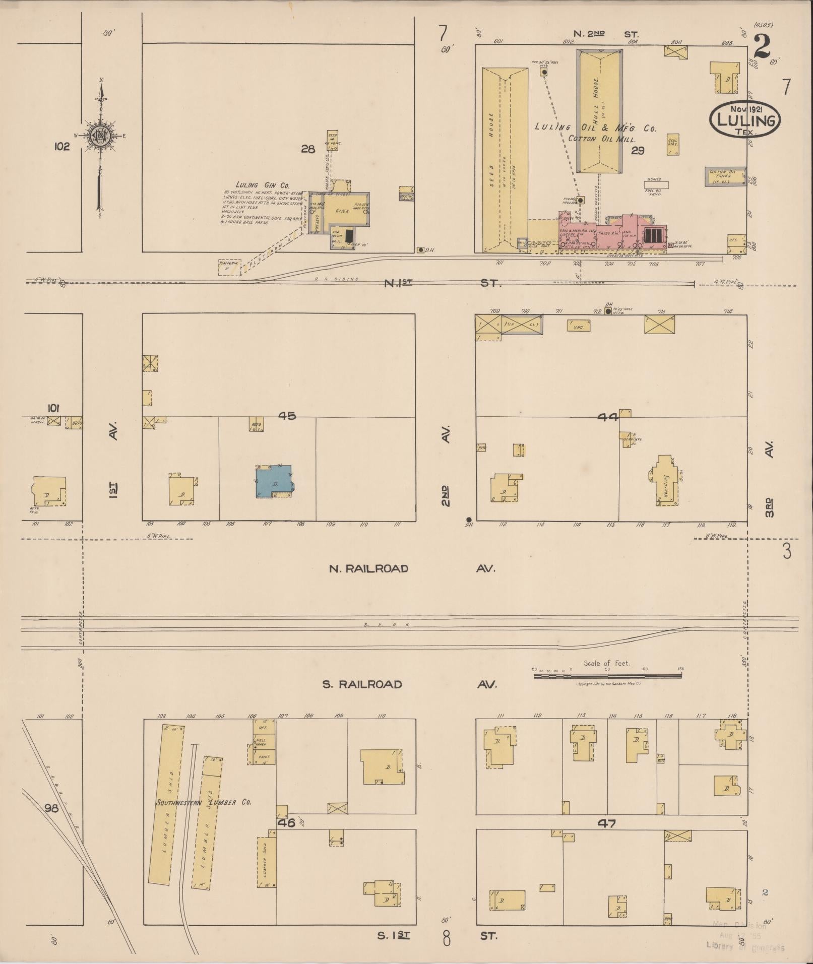 Sanborn Fire Insurance Map from Luling, Caldwell County, Texas (1921), Sheet #0002 - Historic Sanborn Fire Insurance Map Print, vintage old map wall art, antique decor, genealogy gift, Texas Texas map