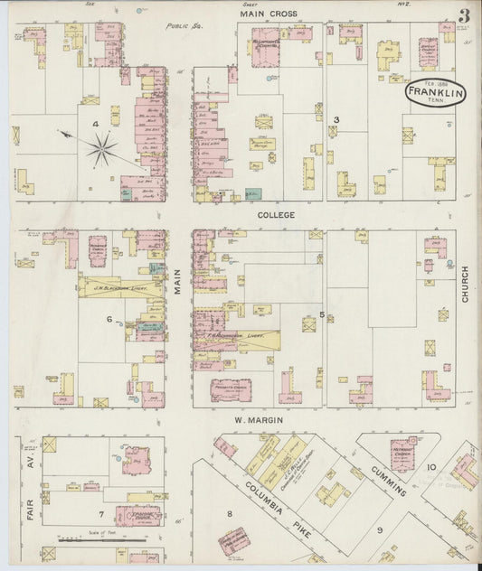 Sanborn Fire Insurance Map from Franklin, Williamson County, Tennessee (1888), Sheet #0003 - Historic Sanborn Fire Insurance Map Print, vintage old map wall art, antique decor, genealogy gift, Tennessee Tennessee map