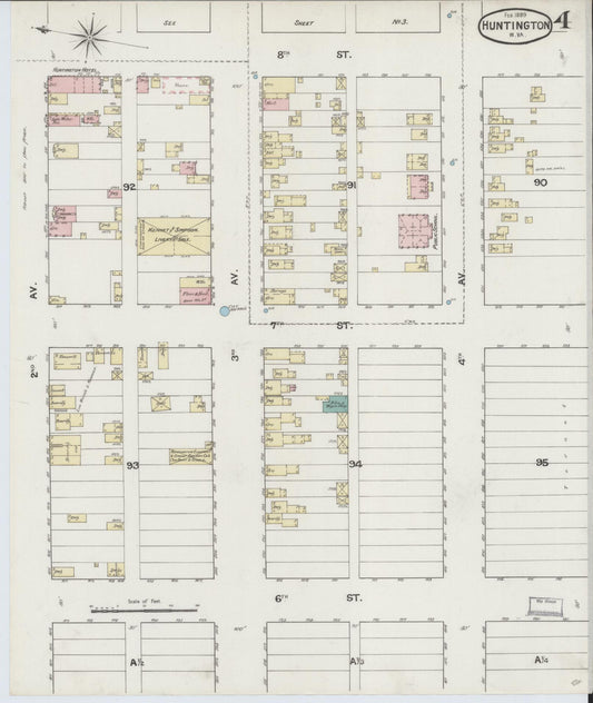 Sanborn Fire Insurance Map from Huntington, Cabell County, West Virginia (1889), Sheet #0004 - Historic Sanborn Fire Insurance Map Print, vintage old map wall art, antique decor, genealogy gift, West Virginia West Virginia map