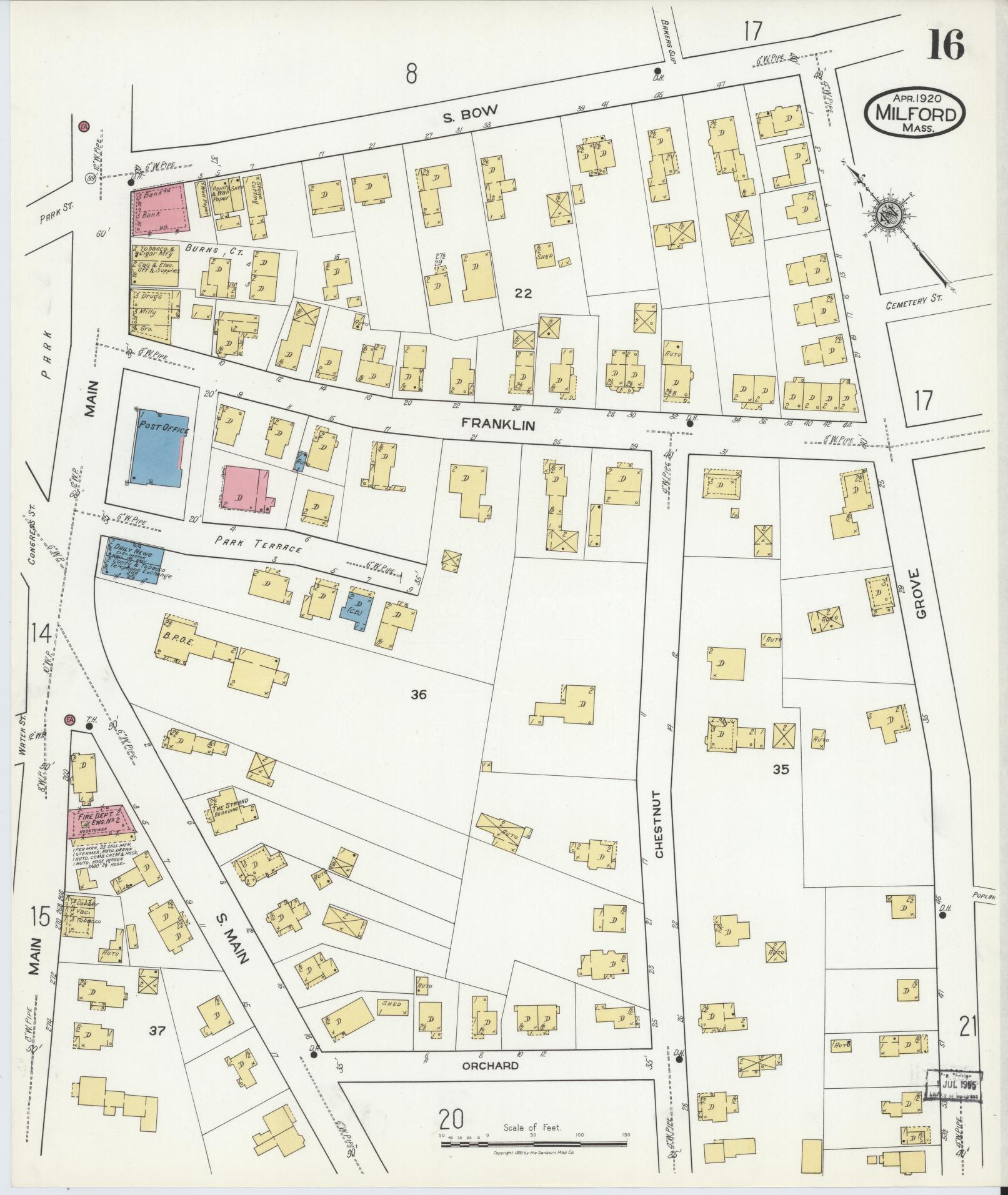 Sanborn Fire Insurance Map from Milford, Worcester County, Massachusetts (1920), Sheet #0016 - Complete Map Set gallery image, historic Sanborn map, vintage wall art, Massachusetts Massachusetts