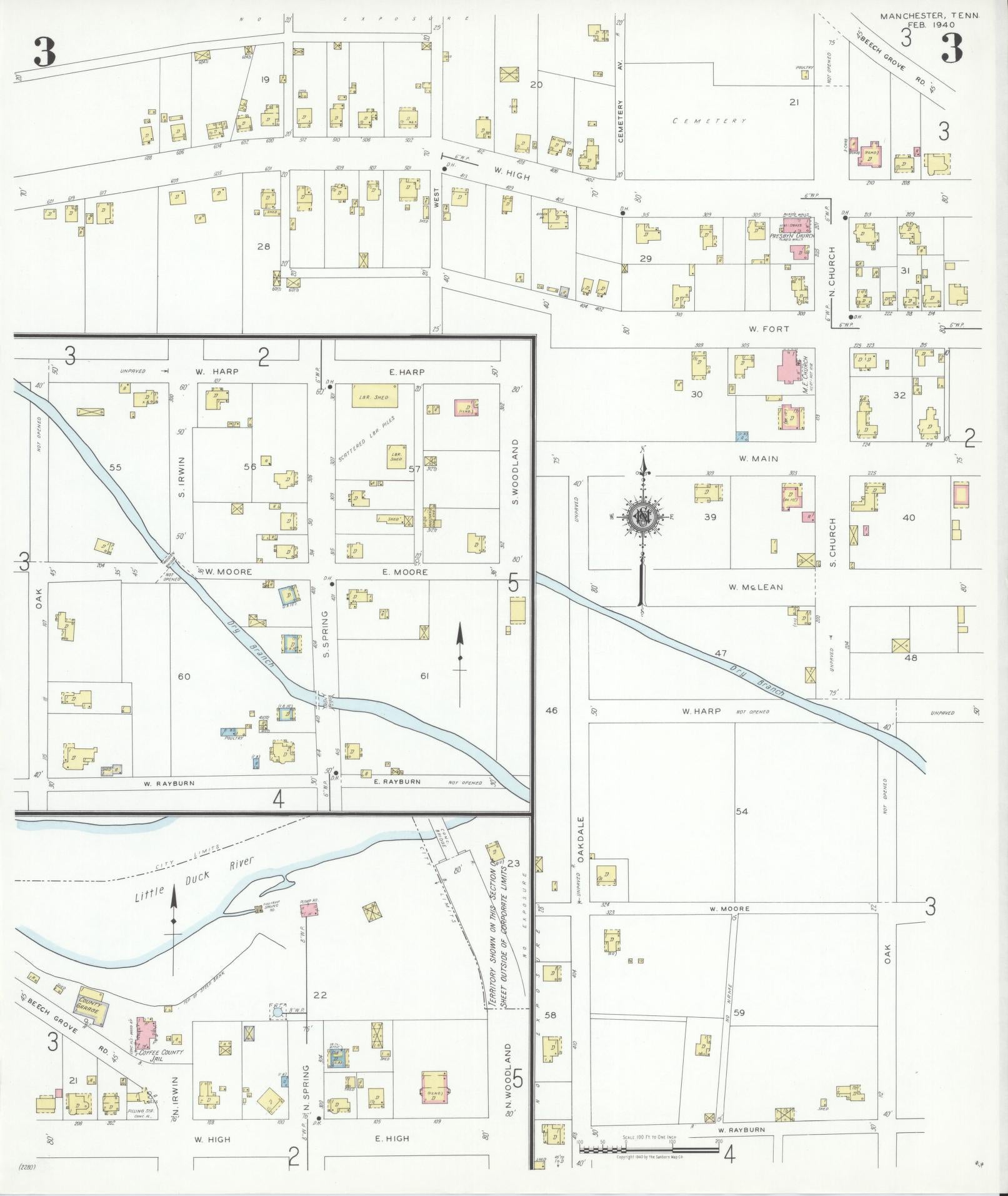 Sanborn Fire Insurance Map from Manchester, Coffee County, Tennessee. (1940), Sheet 3 – Historic Sanborn Fire Insurance Map Print