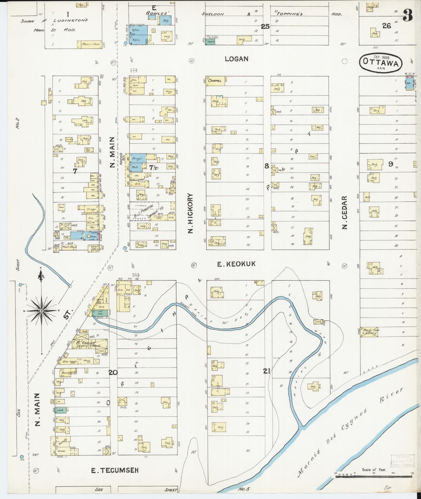 Sanborn Fire Insurance Map from Ottawa, Franklin County, Kansas (1888), Sheet #0003 - Complete Map Set gallery image, historic Sanborn map, vintage wall art, Kansas Kansas