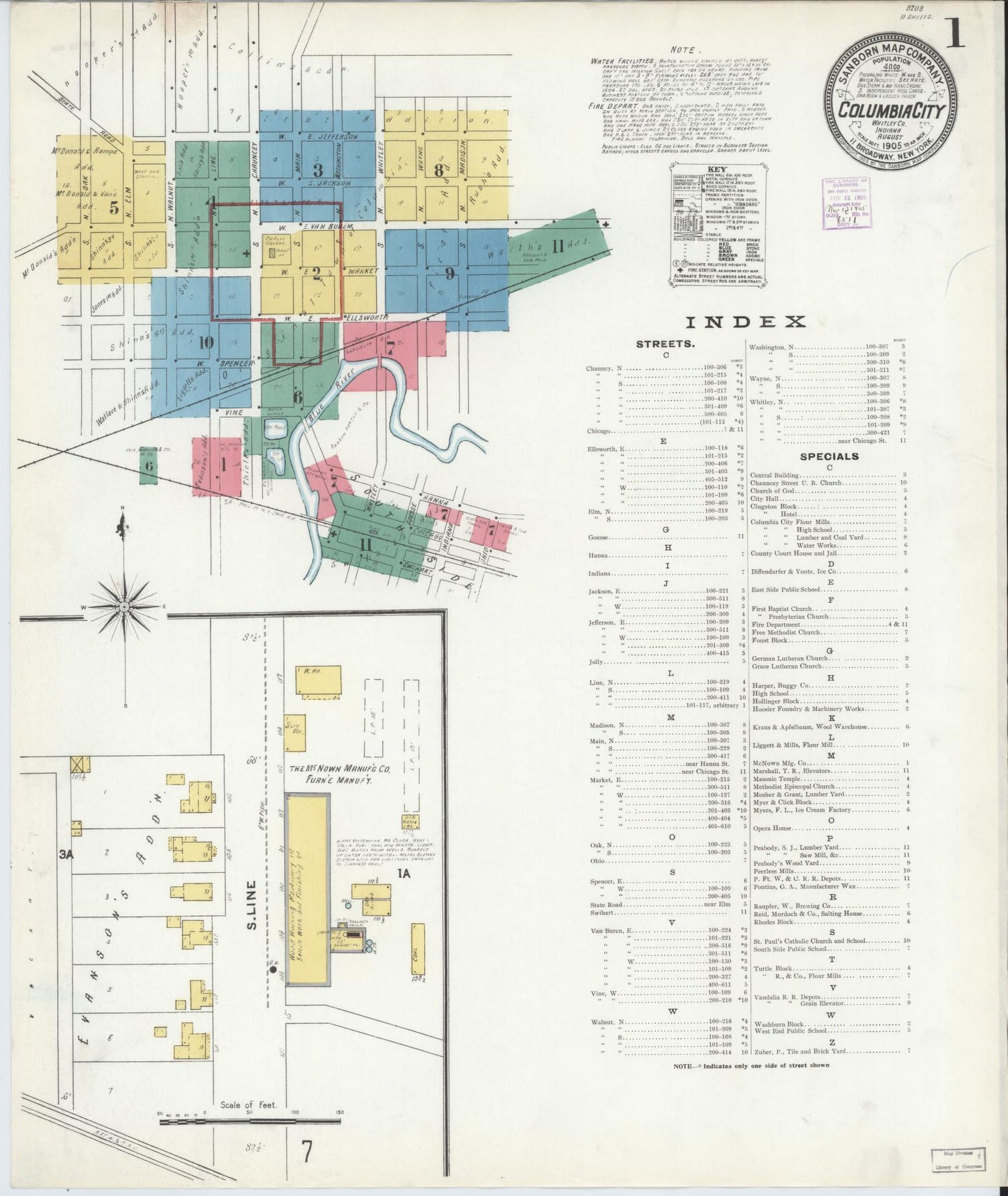 Sanborn Fire Insurance Map from Columbia City, Whitley County, Indiana (1905), Sheet #0001 - Complete Map Set gallery image, historic Sanborn map, vintage wall art, Indiana Indiana