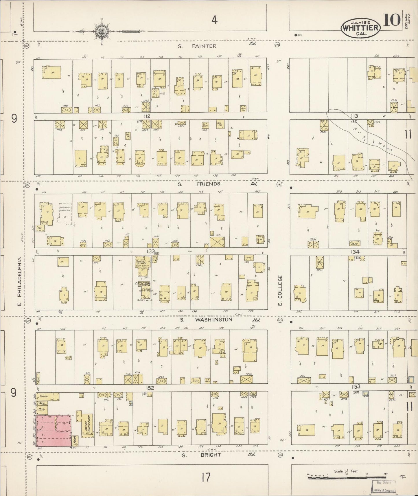 Sanborn Fire Insurance Map from Whittier, Los Angeles County, California (1912), Sheet #0010 - Complete Map Set gallery image, historic Sanborn map, vintage wall art, California California
