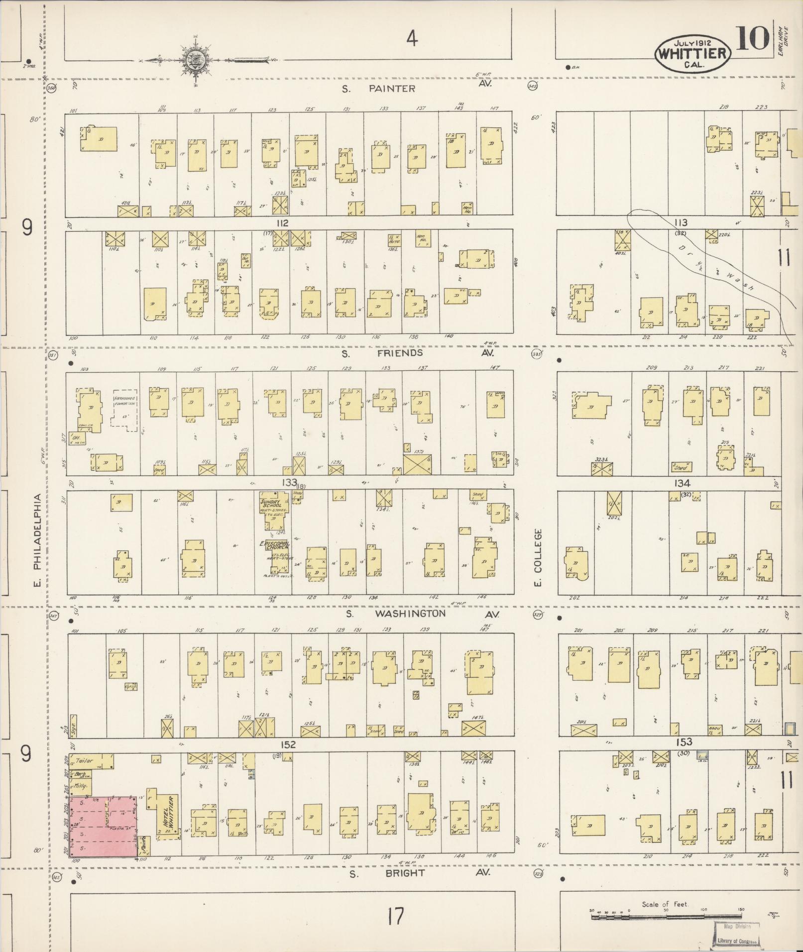 Sanborn Fire Insurance Map from Whittier, Los Angeles County, California (1912), Sheet #0010 - Complete Map Set gallery image, historic Sanborn map, vintage wall art, California California
