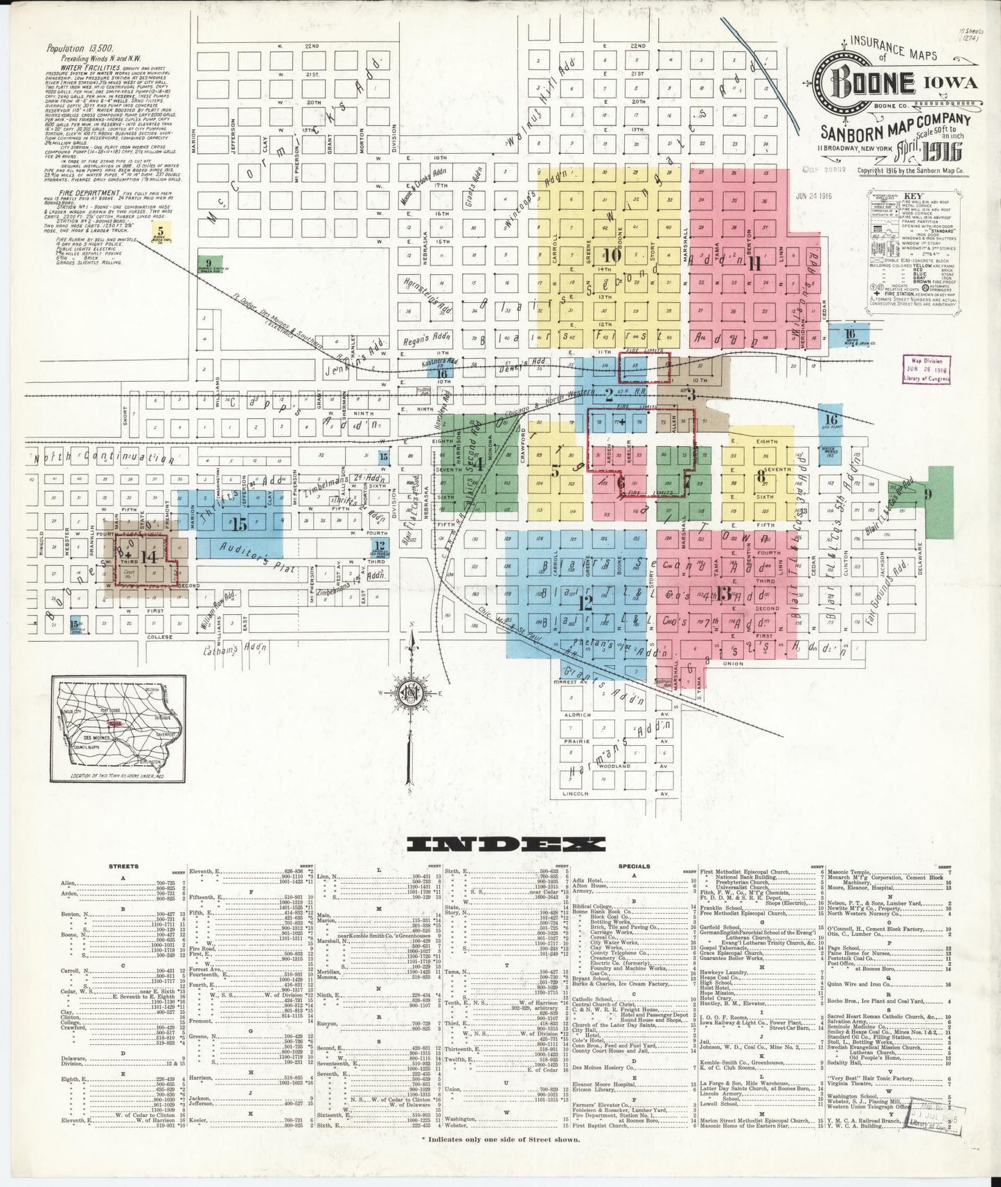 Sanborn Fire Insurance Map from Boone, Boone County, Iowa (1916), Sheet #0001 - Historic Sanborn Fire Insurance Map Print, vintage old map wall art