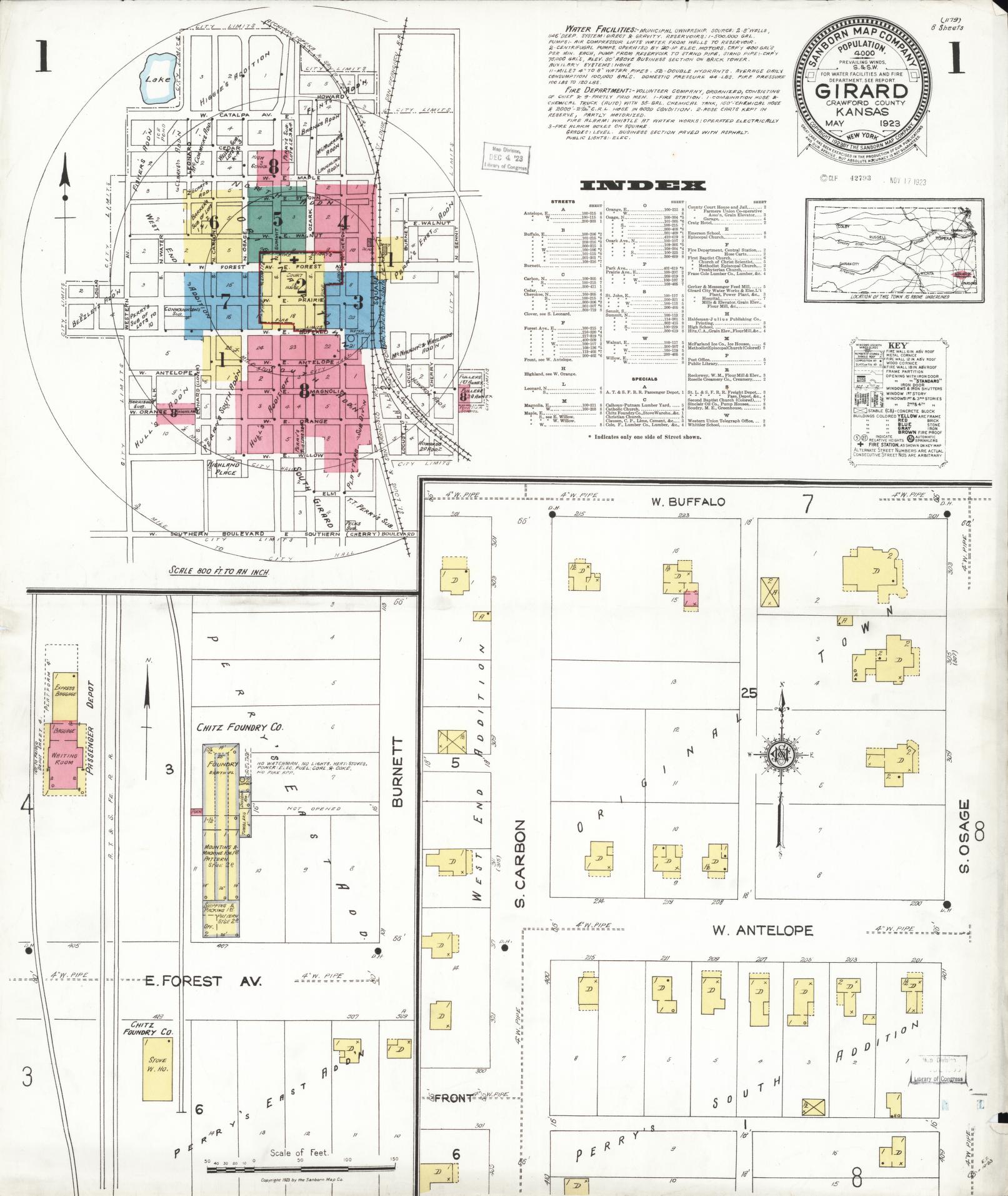 Sanborn Fire Insurance Map from Girard, Crawford County, Kansas (1923), Sheet #0001 - Historic Sanborn Fire Insurance Map Print, vintage old map wall art, antique decor, genealogy gift, Kansas Kansas map