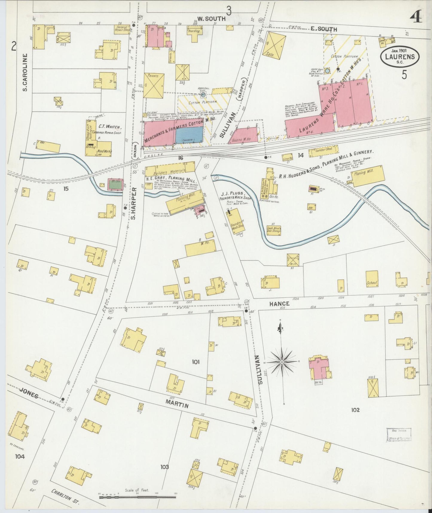 Sanborn Fire Insurance Map from Laurens, Laurens County, South Carolina (1901), Sheet #0004 - Historic Sanborn Fire Insurance Map Print, vintage old map wall art, antique decor, genealogy gift, South Carolina South Carolina map