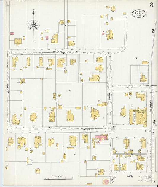Sanborn Fire Insurance Map from Paris, Henry County, Tennessee (1901), Sheet #0003 - Historic Sanborn Fire Insurance Map Print, vintage old map wall art, antique decor, genealogy gift, Tennessee Tennessee map