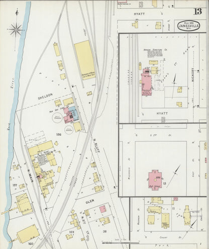 Sanborn Fire Insurance Map from Janesville, Rock County, Wisconsin (1895), Sheet #0013 - Complete Map Set gallery image, historic Sanborn map, vintage wall art, Wisconsin Wisconsin