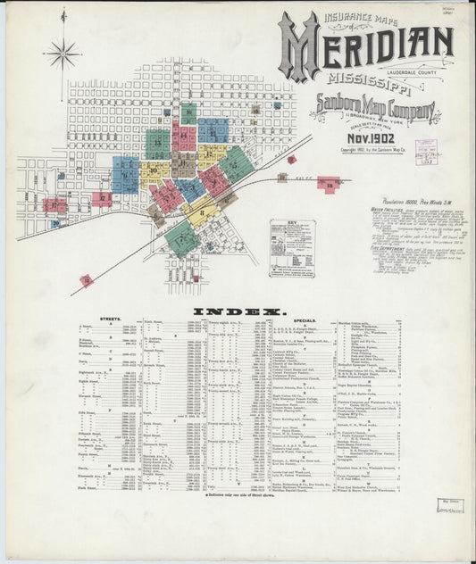 Sanborn Fire Insurance Map from Meridian, Lauderdale County, Mississippi (1902), Sheet #0001 - Complete Map Set gallery image, historic Sanborn map, vintage wall art, Mississippi Mississippi